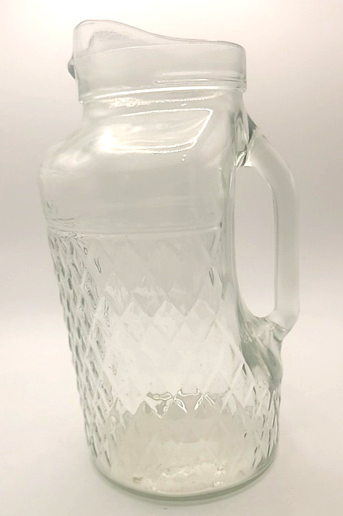 Vintage Clear Glass Pitcher Mid-Century Diamond Pattern Clear Recessed Handle