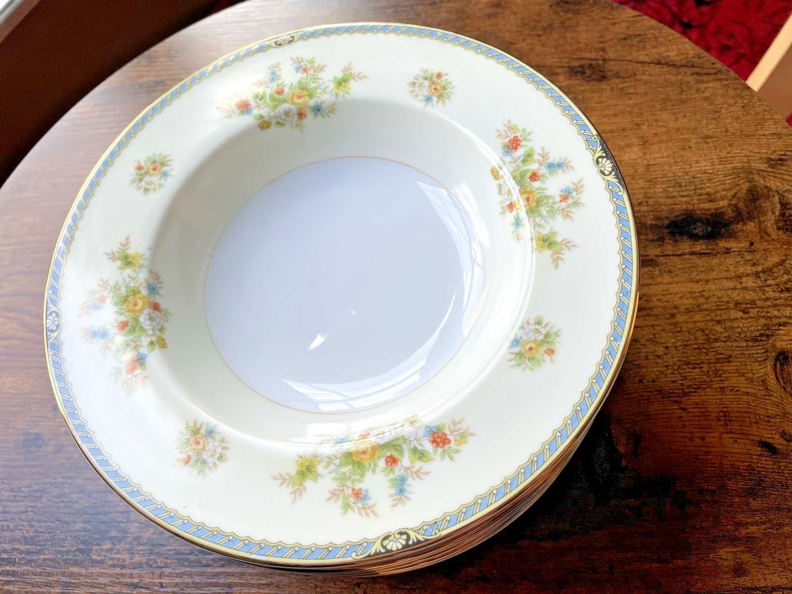 8 Rose China FLORAL Soup Salad Bowl Blue Gold Trim Occupied Japan 8″ Vintage Set