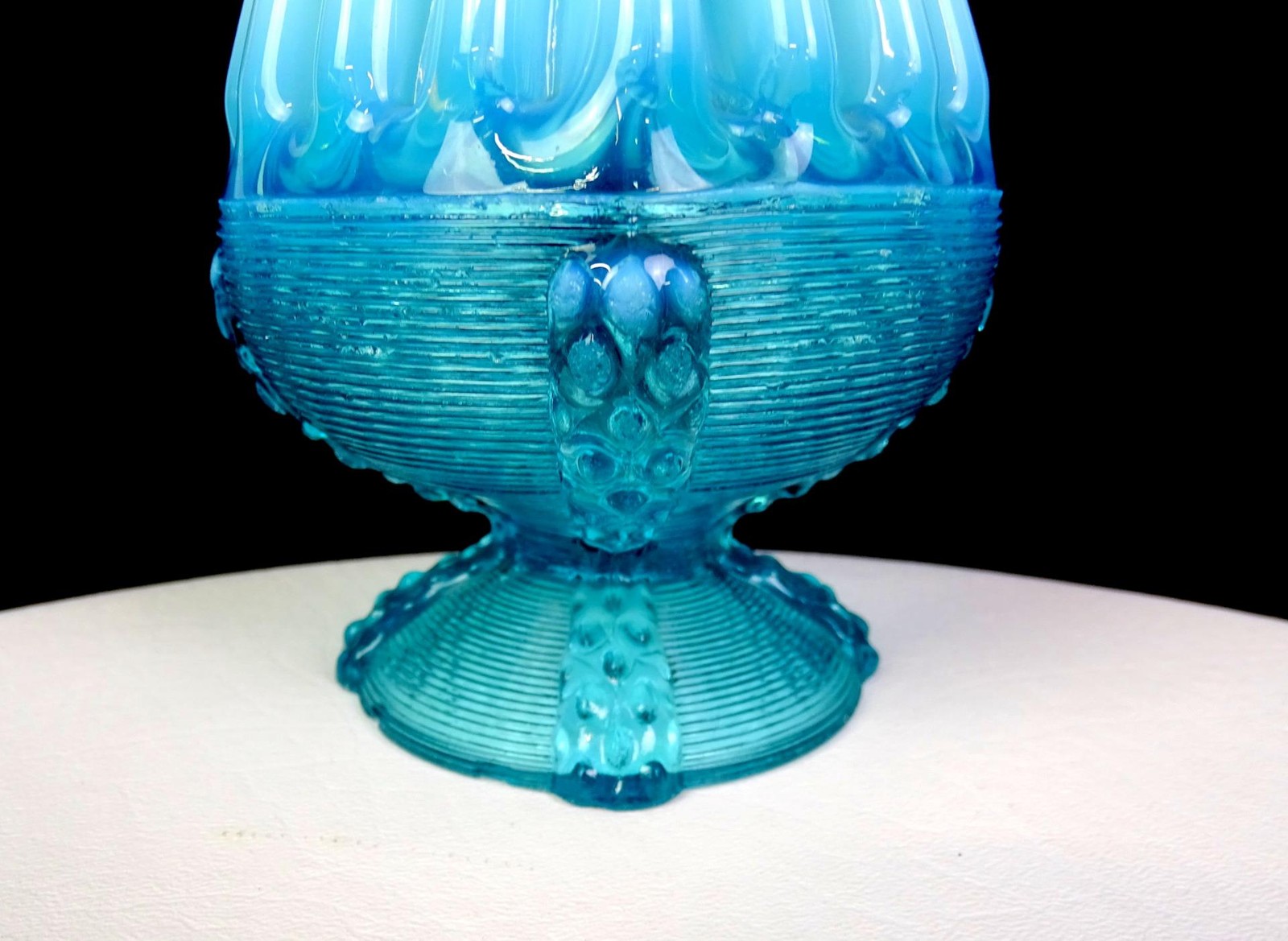 Northwood Glass Blue Opalescent Button Panel Pedestal 4 1/4″ Rose Bowl 1897-1905