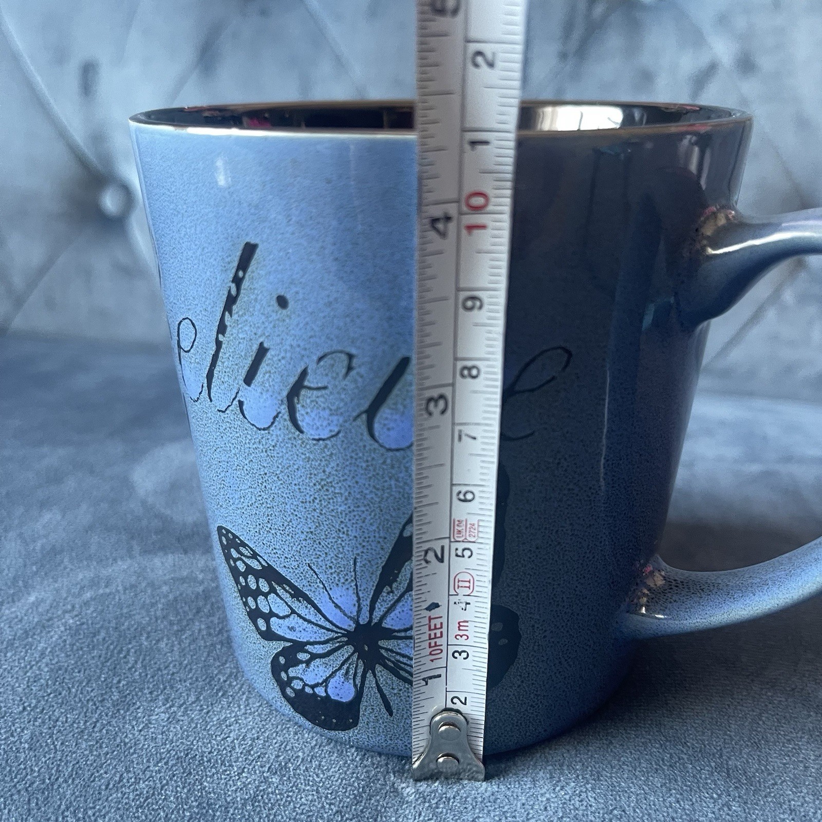 Pfaltzgraff Coffee Mug BELIEVE Tea Cup Blue Butterfly Large 16 Oz 4.25 X 4”