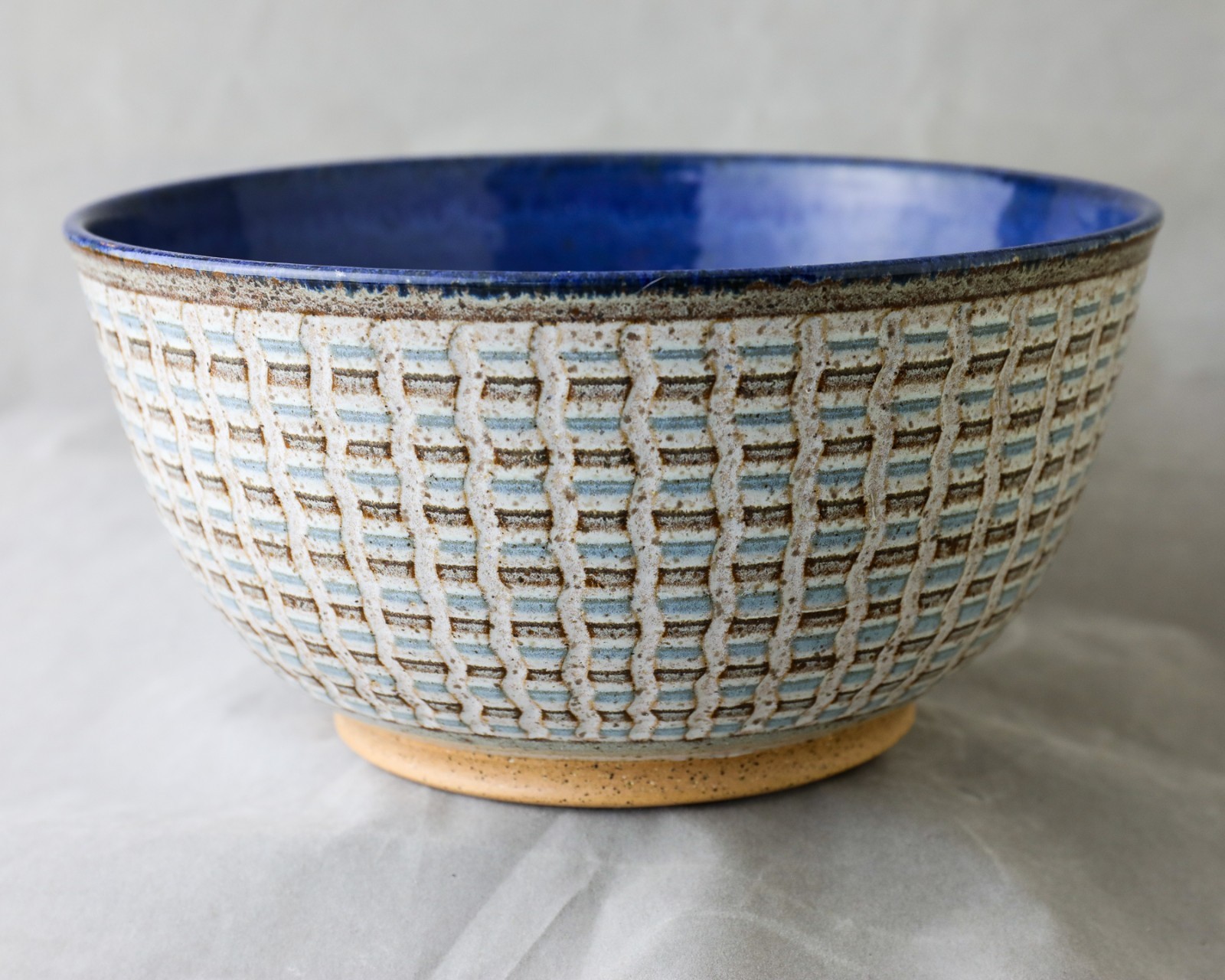 Signed Studio Pottery Bowl Blue Glaze Art Ceramic Wheel Thrown 9” MCM
