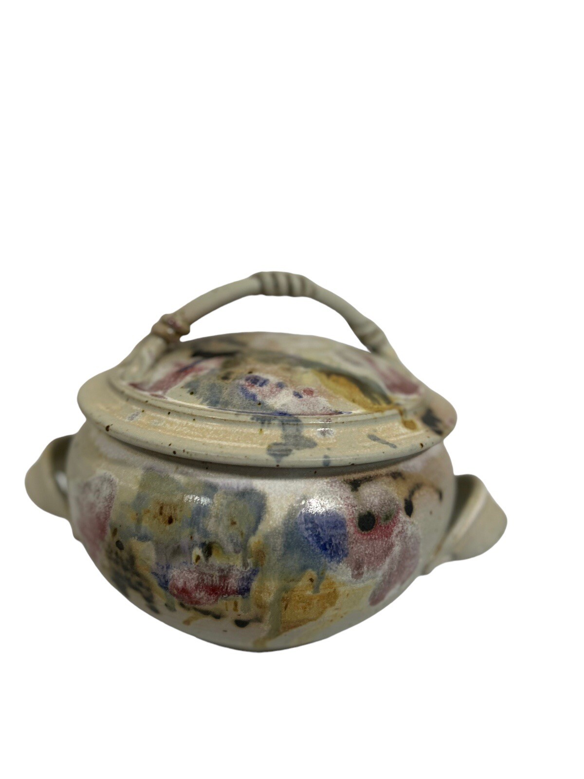 Medium Hayes Art Pottery Bean Pot W/Lid Tan, Red, Blue Drip Color~ Signed