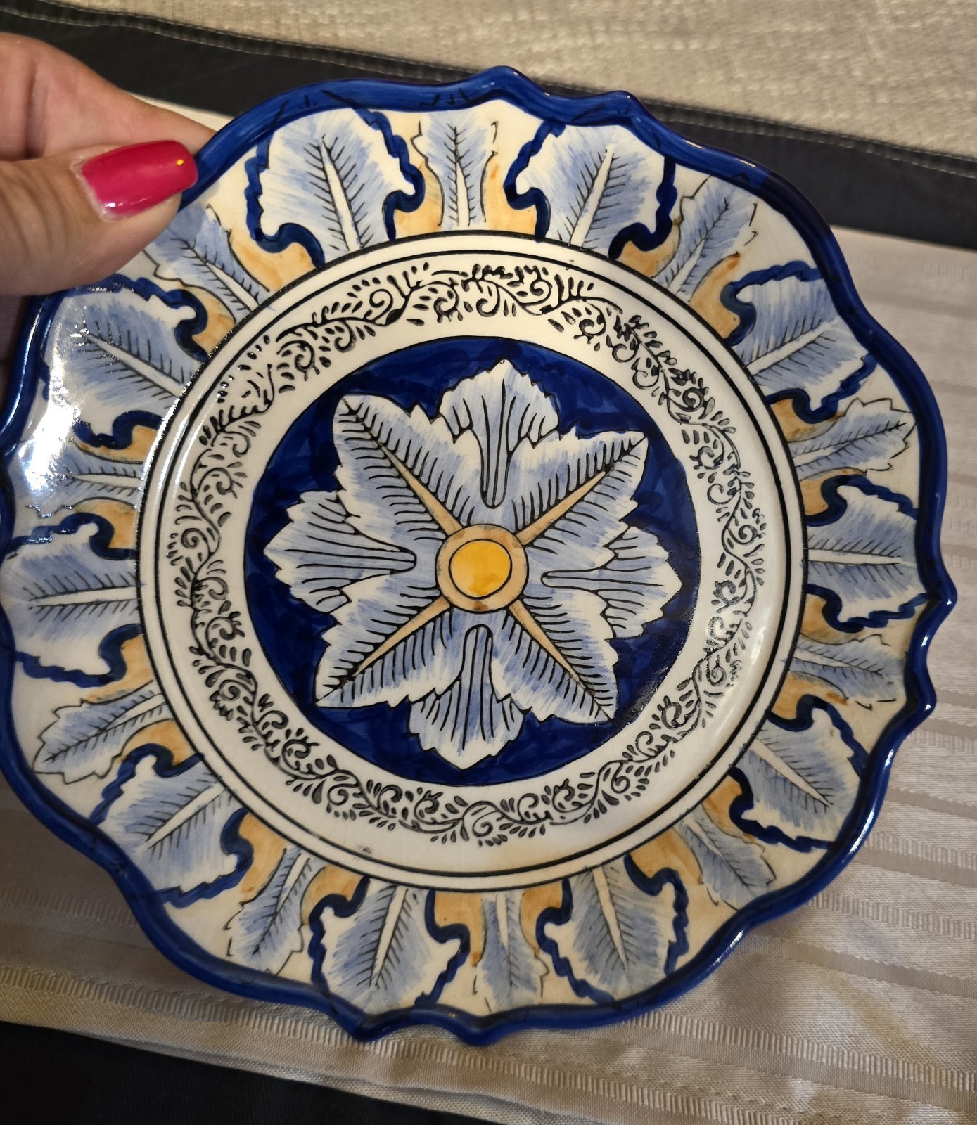 I. Godinger & Co. Italian Cobalt Blue Yellow Hand Painted 7” Dessert Plate