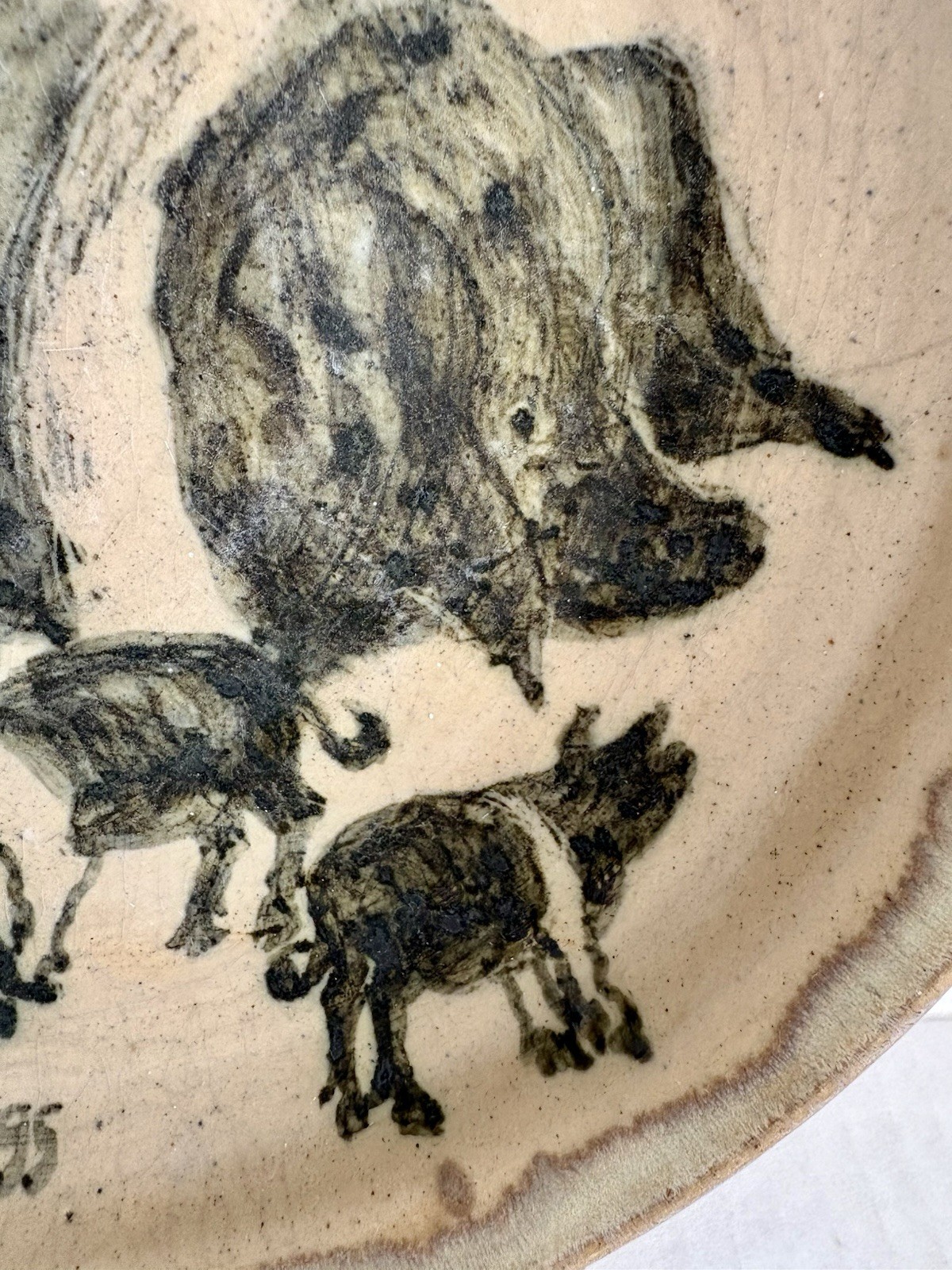 Vintage 1995 Studio Pottery Sow Pig Piglets Bowl Signed HR Folk Art 9”