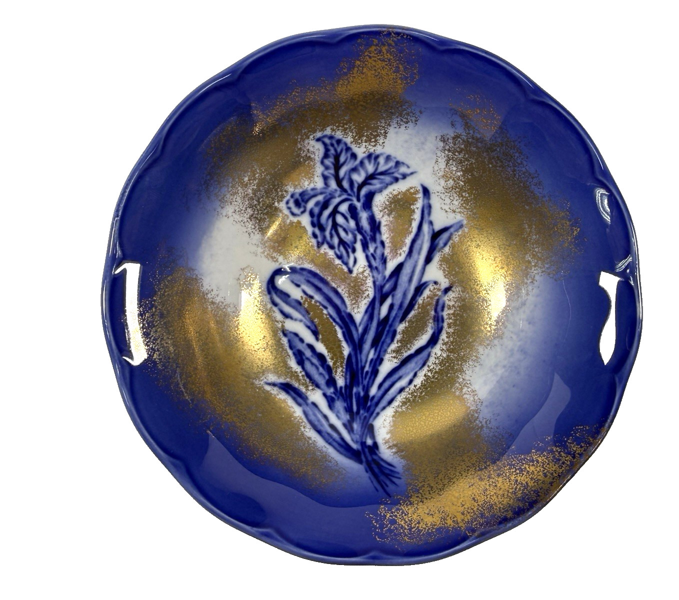 Vintage Victoria Ironstone Flow Blue Iris Bowl Staffordshire England Gilt 6.75″