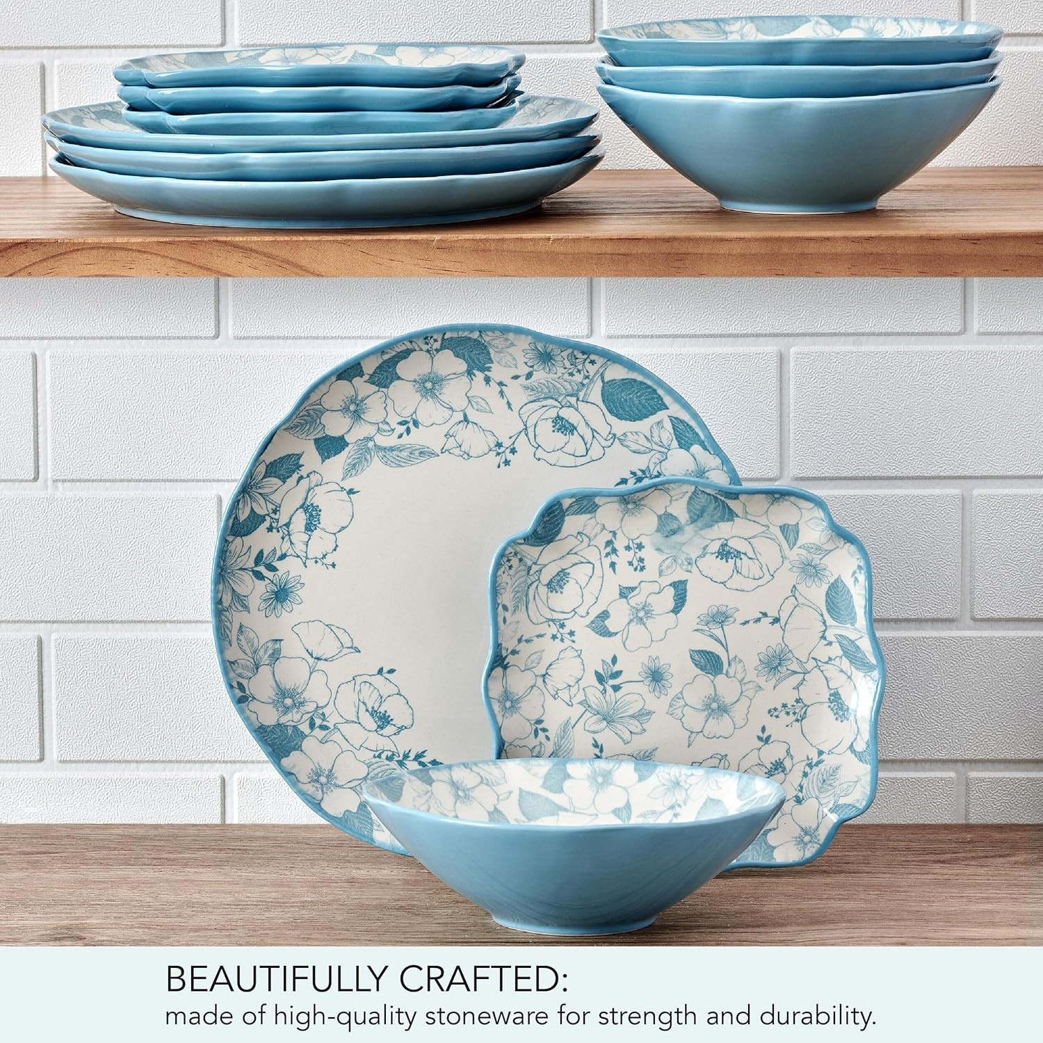 Garden Blossom Floral 12 Piece Plate Bowl Dinnerware Set, Blue
