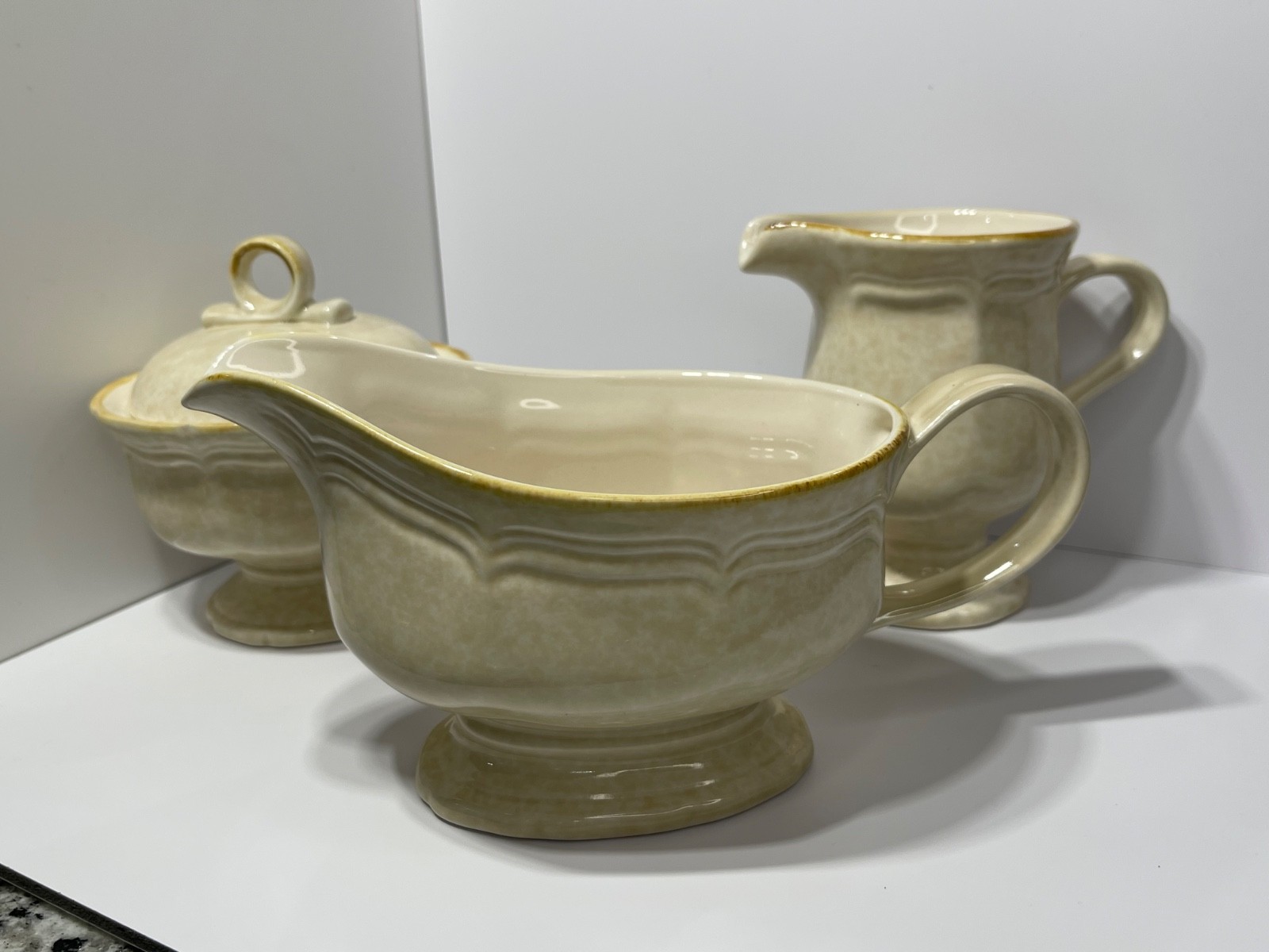 Mikasa FG 000 Country Charm Set Gravy Boat Creamer-Sugar Bowl W/Lid VintageJapan