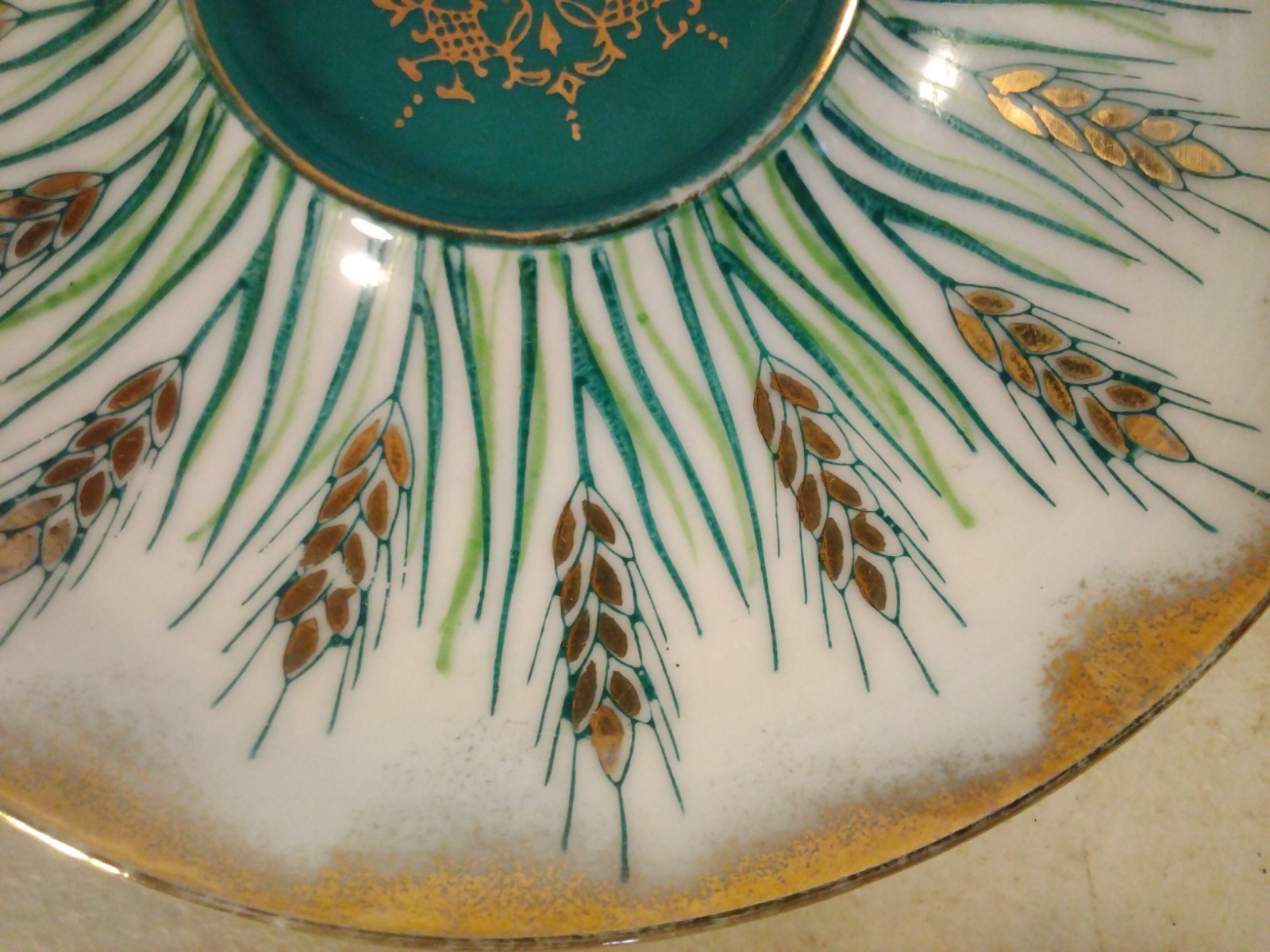 Vtg Green Aqua Porcelain Atomic Wheat MCM Saucer Iridescent
