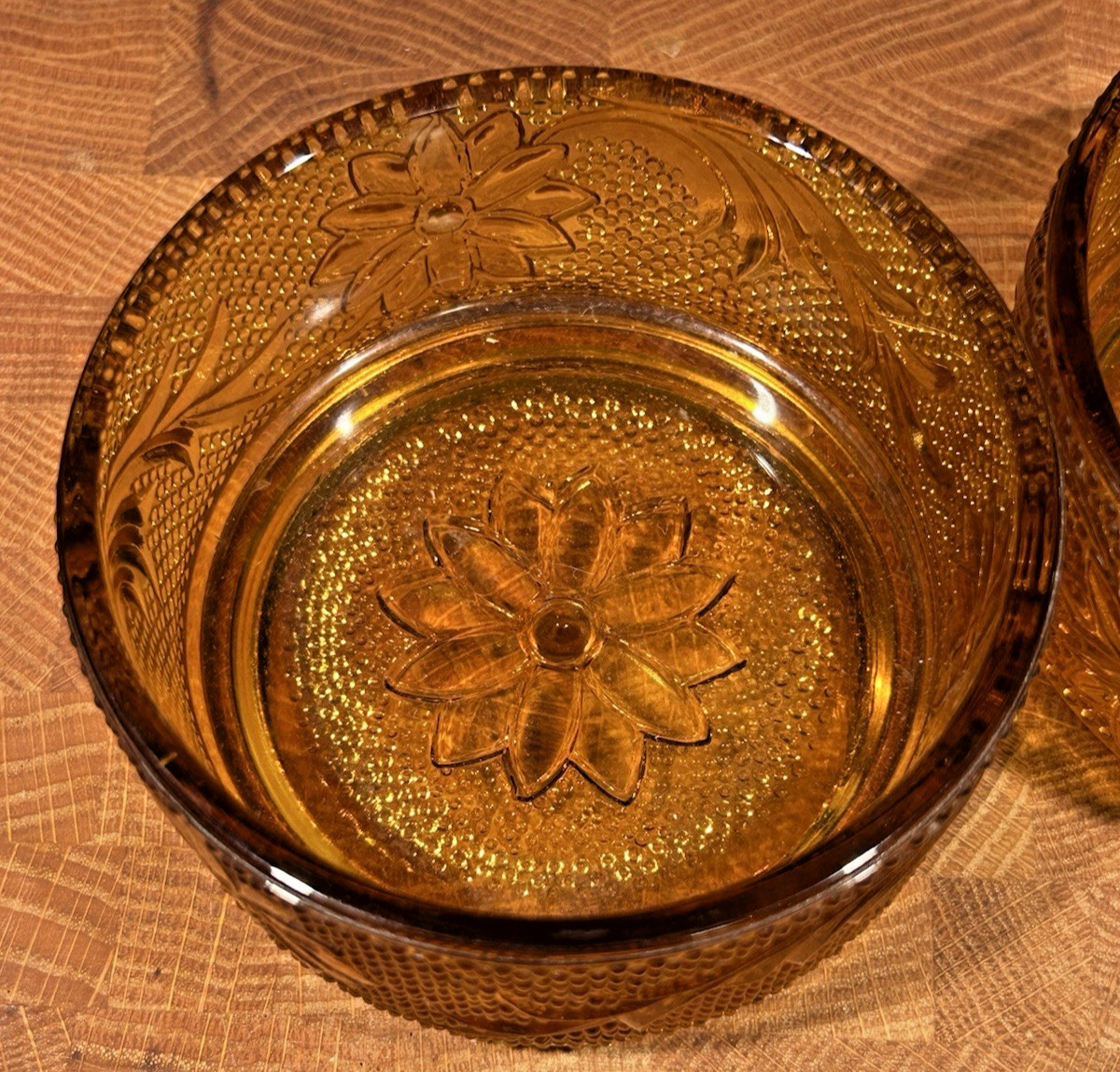 Vtg. Indiana Glass Tiara Amber Round Sandwich Ramekin/Dessert Set of 2- 3.75″