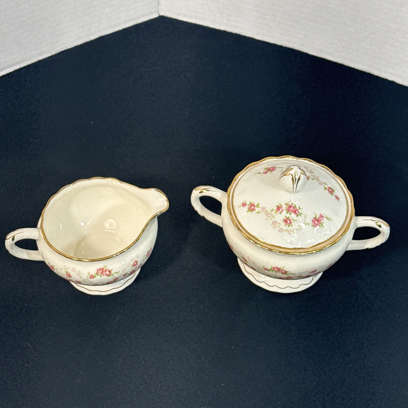 Pope Gosser FLORENCE Creamer & Sugar Pink Rose Garland Scalloped Gold Edge 1944