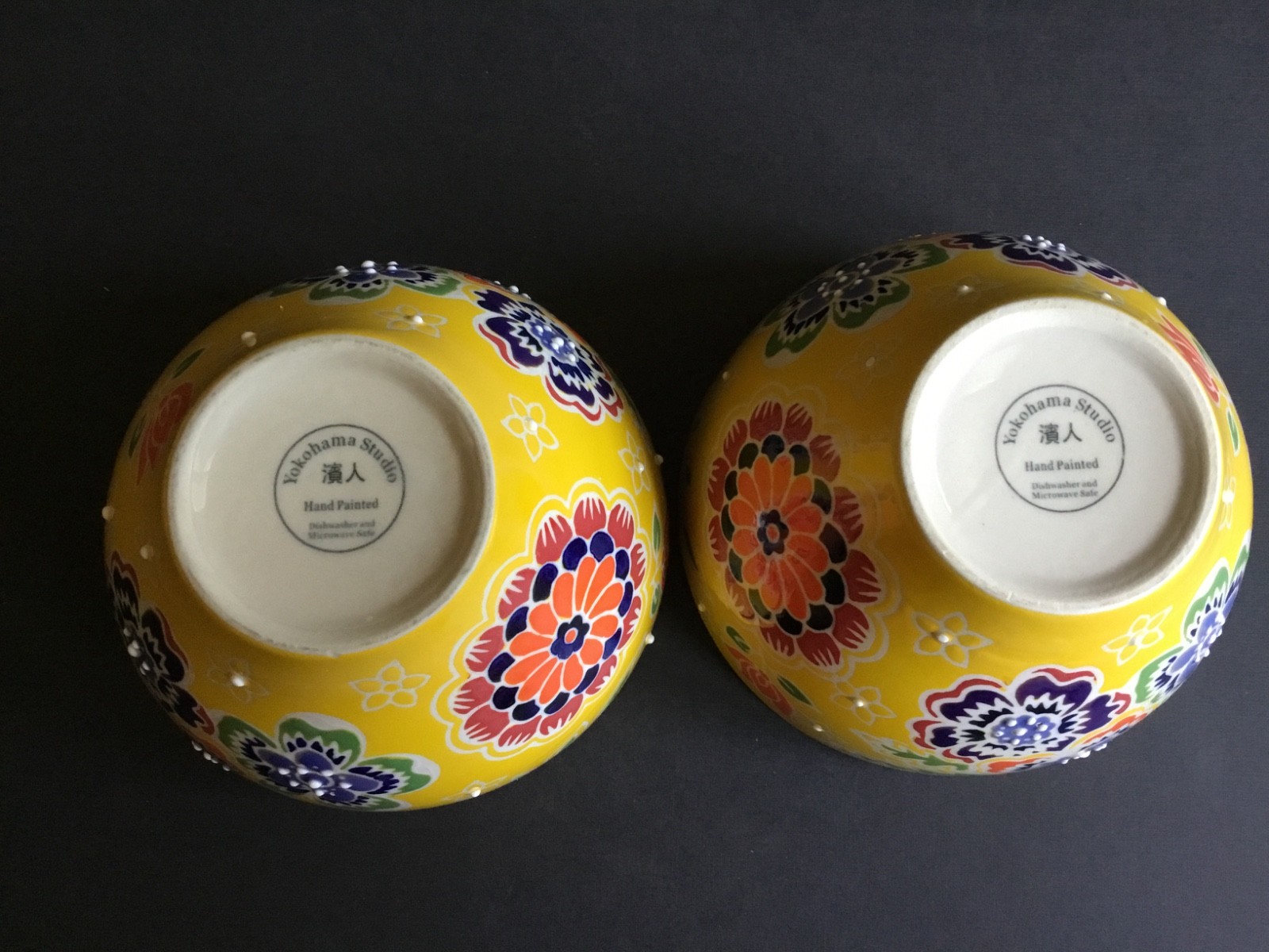 2 Yokohama Studio Yellow Floral Hand Painted Noodle Rice Bowl 6″ Diameter Japan