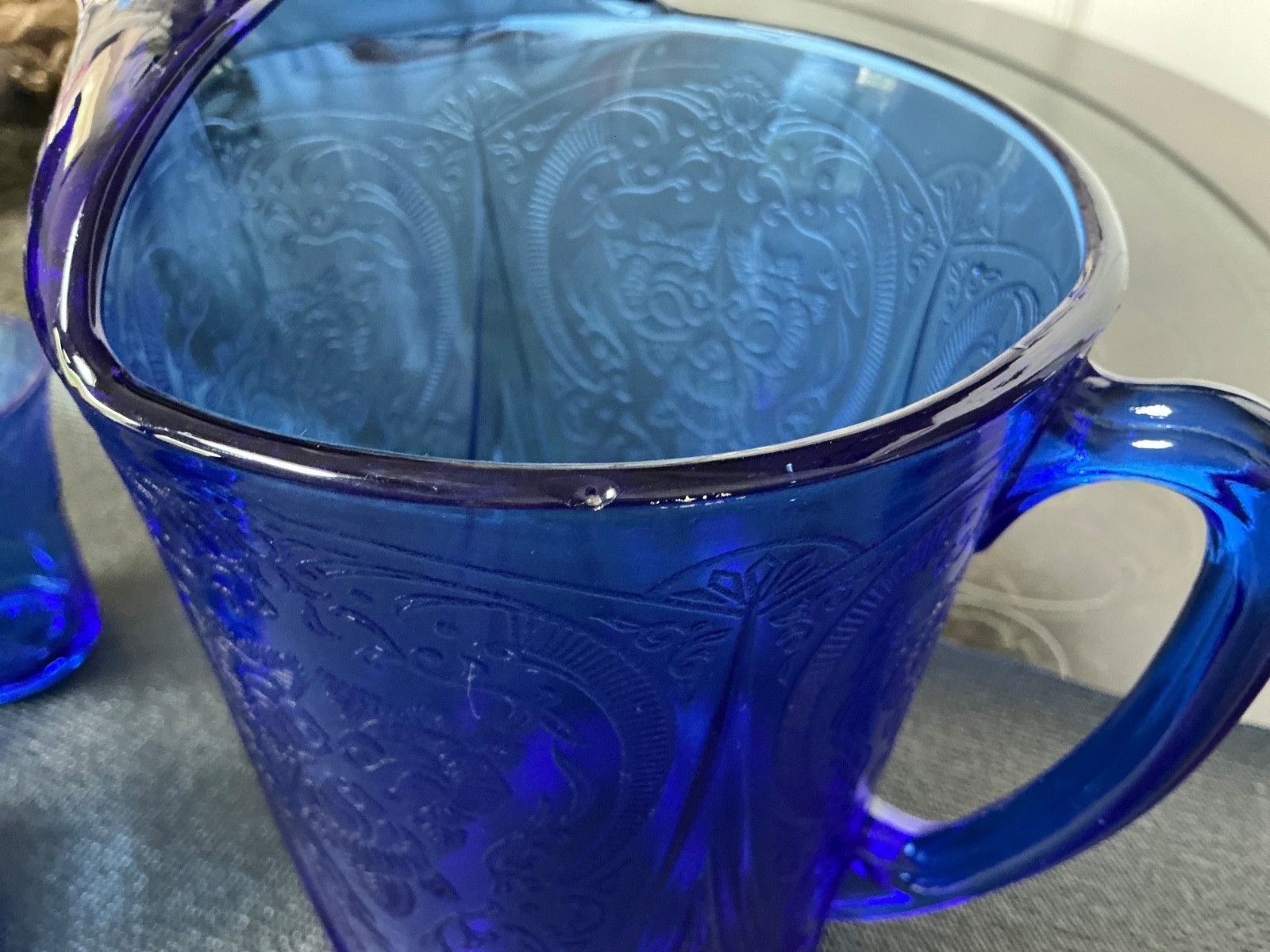 Rare vintage Hazel-Atlas Royal Lace cobalt blue pitcher 68 oz and glasses