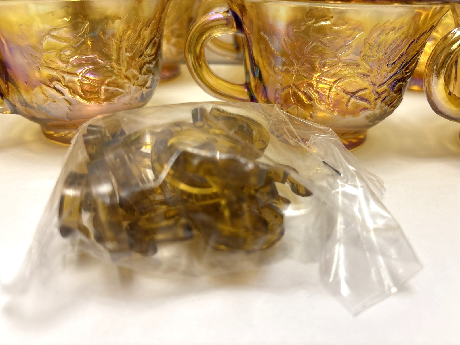 12 Indiana Carnival Glass Iridescent Gold Harvest Punch Bowl Cups w/ Hooks 6 oz
