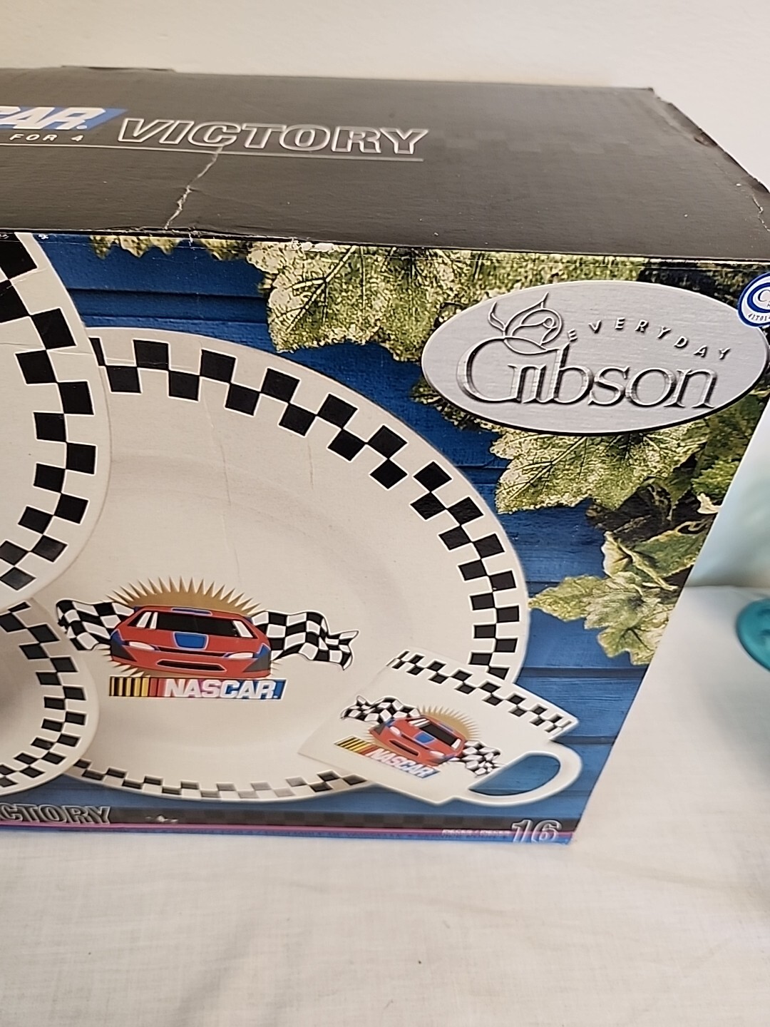 Rare Vintage Gibson Nascar Victory 16 Piece Dinnerware Set For 4 New & FLATWARE