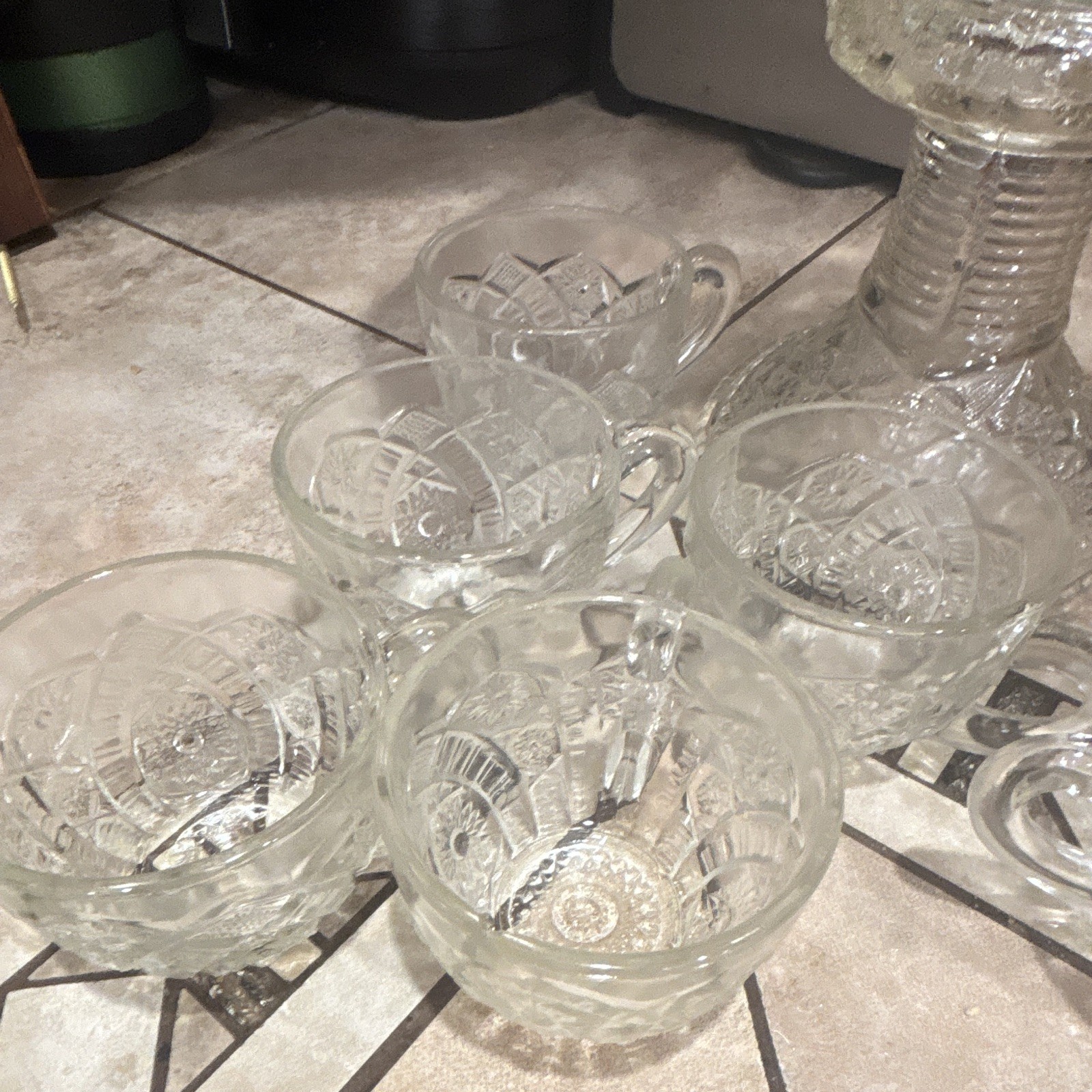 Clear Cut Glass Punch Bowl Set Round Pedestal Bowl w/ Matching Cups, Clear