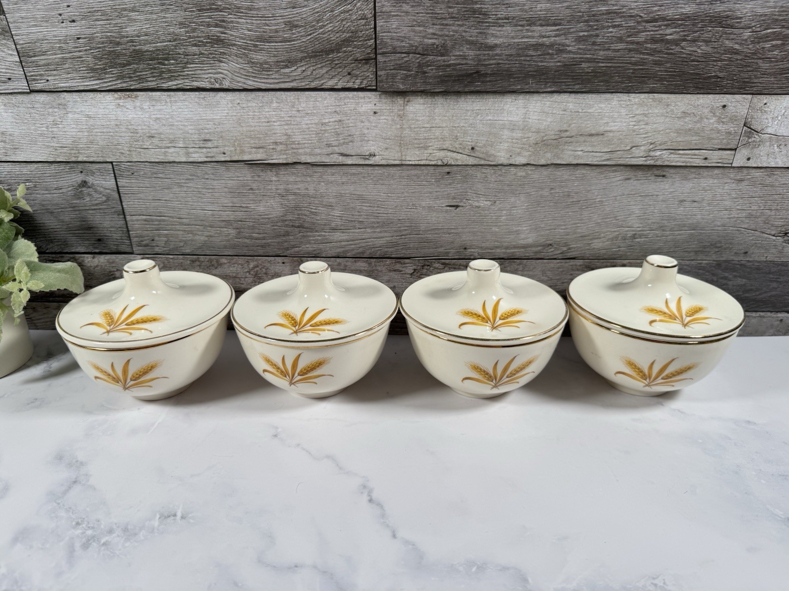 Taylor Smith Taylor Wheat Sugar Bowls Set of 4 Lidded Soup Bowls 1950s