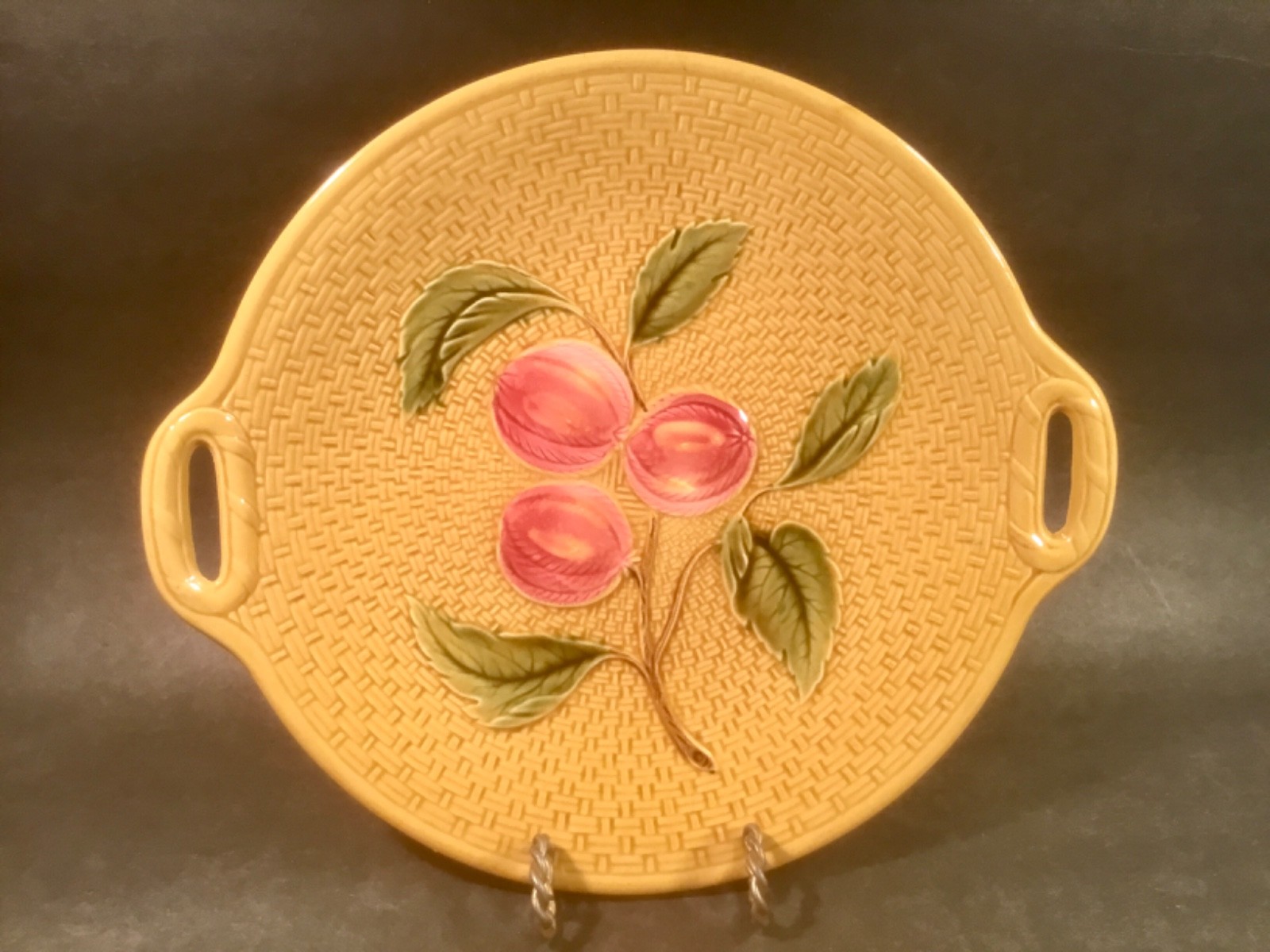 Antique Majolica Fruit and Leaves on Basketweave Platter c.1907