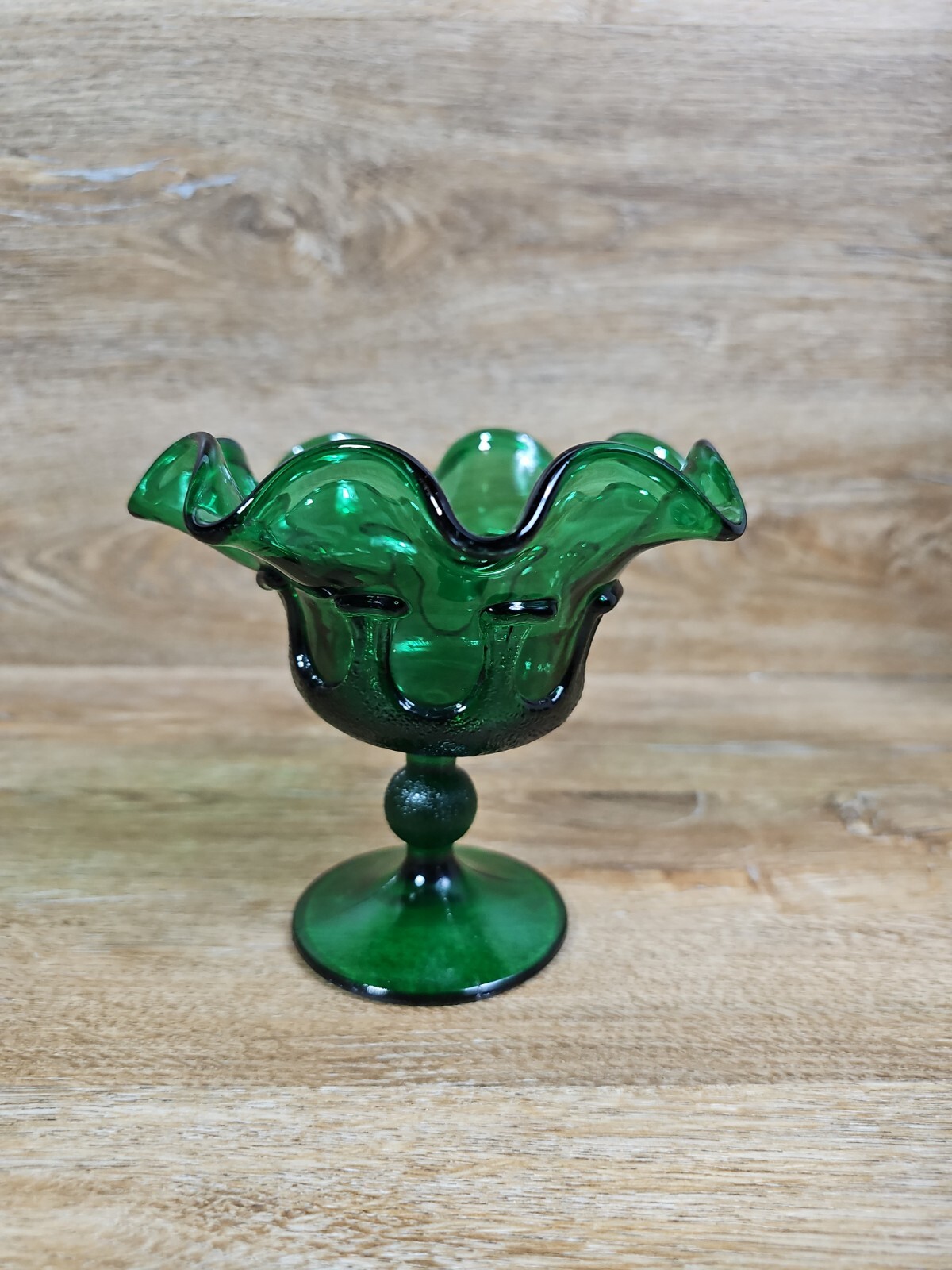 Viking Dark Green Glass Handkerchief Ruffle Top Candy Dish Compote Pedestal VTG