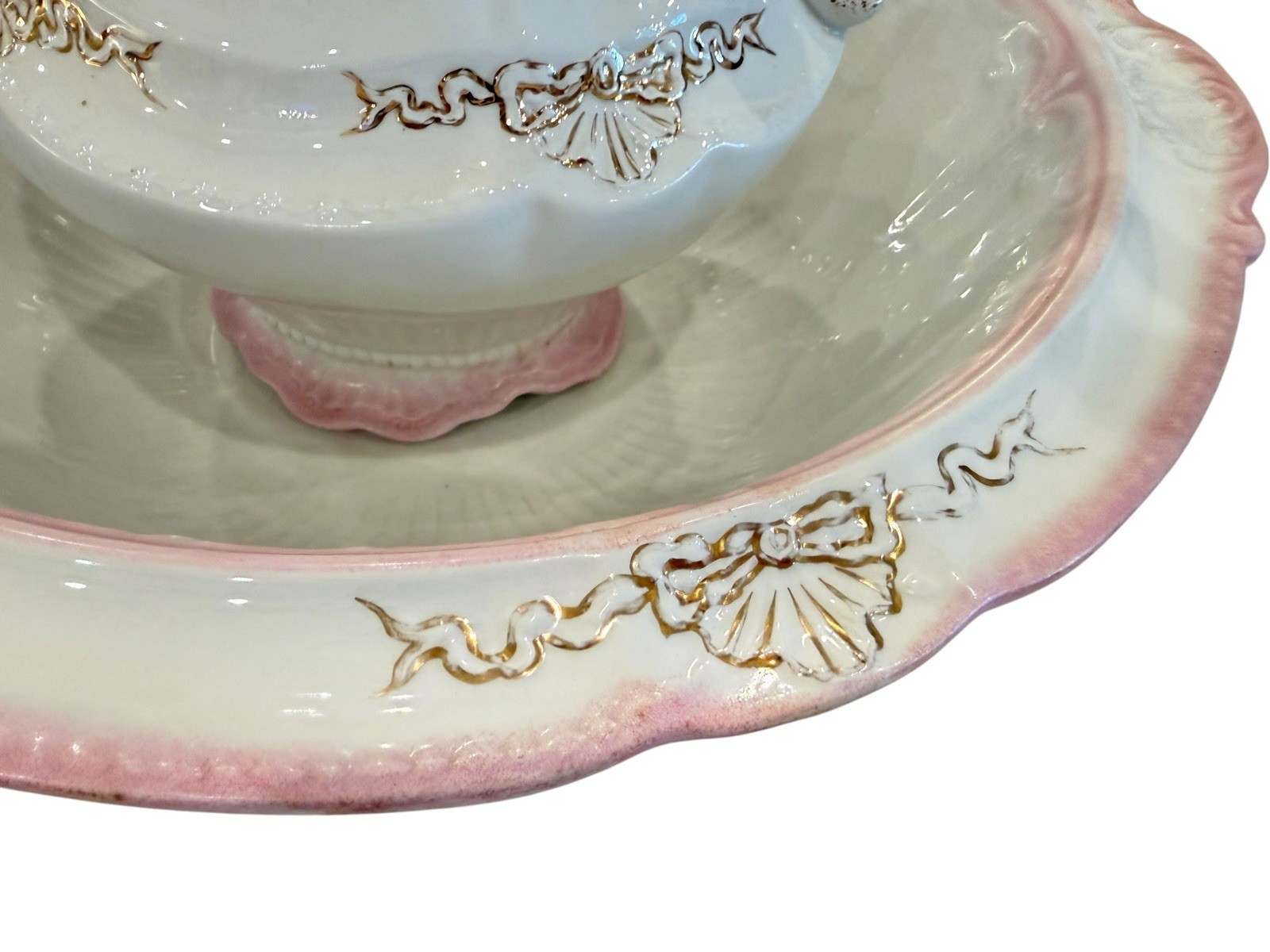 Antique WH Grindley XL 17.5″ Pitcher Basin Set Pink Ombre Gold Bows England 1890