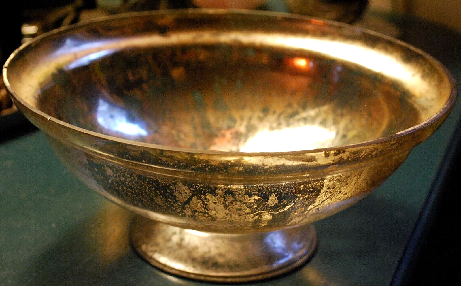 Antique Victorian SILVERED MERCURY GLASS BOWL Pedestal Base HAND BLOWN 9.25″