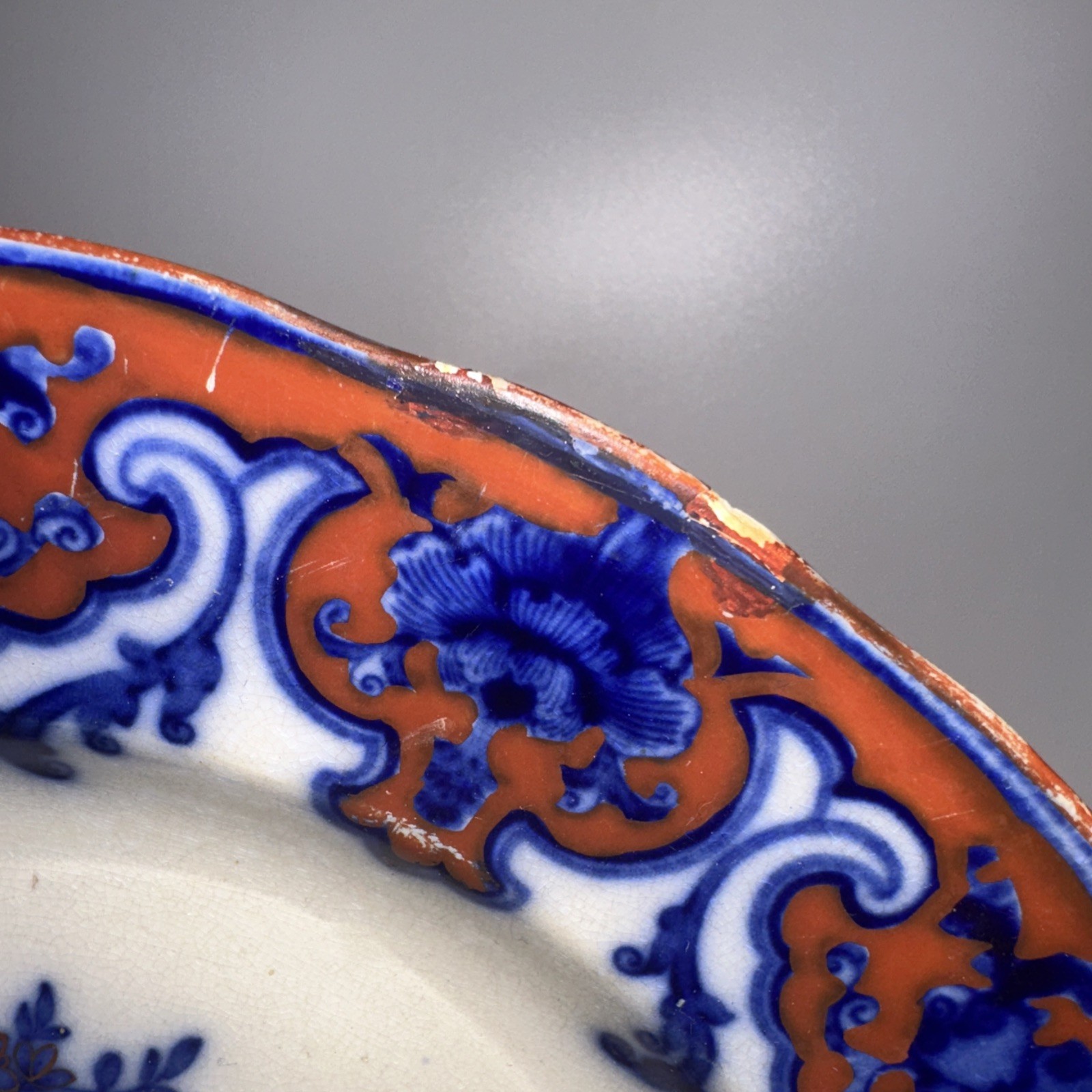Antique c1910 Porcelain POLYCHROME FLOW BLUE 10 1/4” Plate Marked TRIPOD