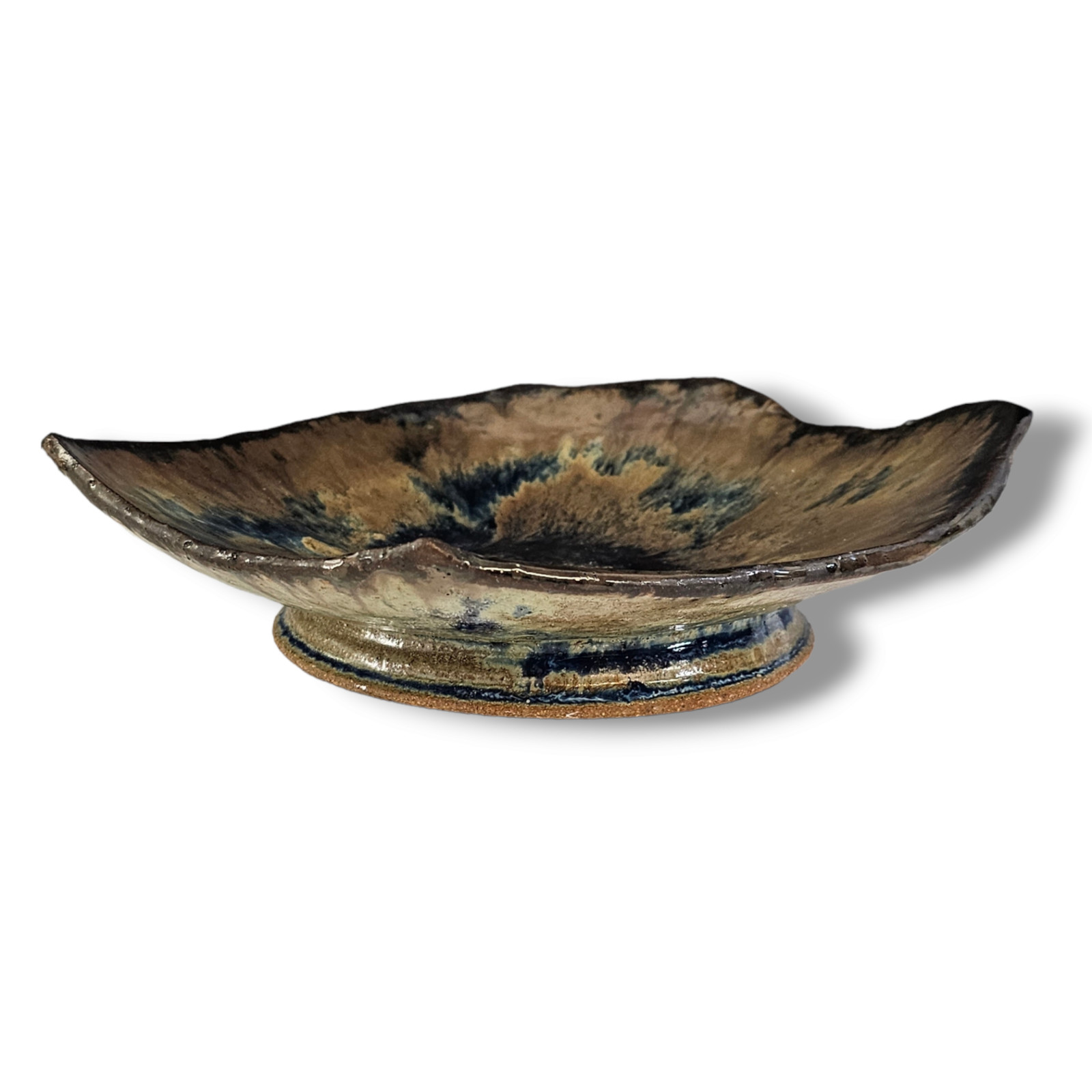 Vintage Studio Art Pottery Raised Footed Bowl Ceramic Blue Brown Signed 8.5″