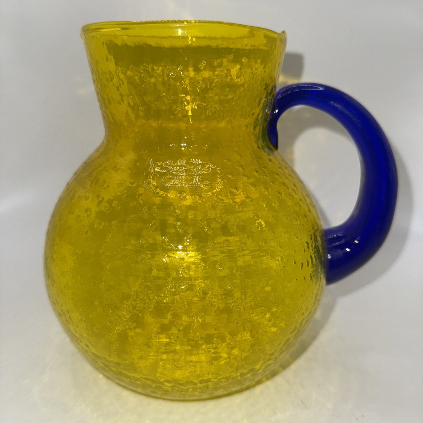 Lemon Yellow Glass Juice Pitcher w/Cobalt Blue Handle Bubble Texture 7”Hx 6”W