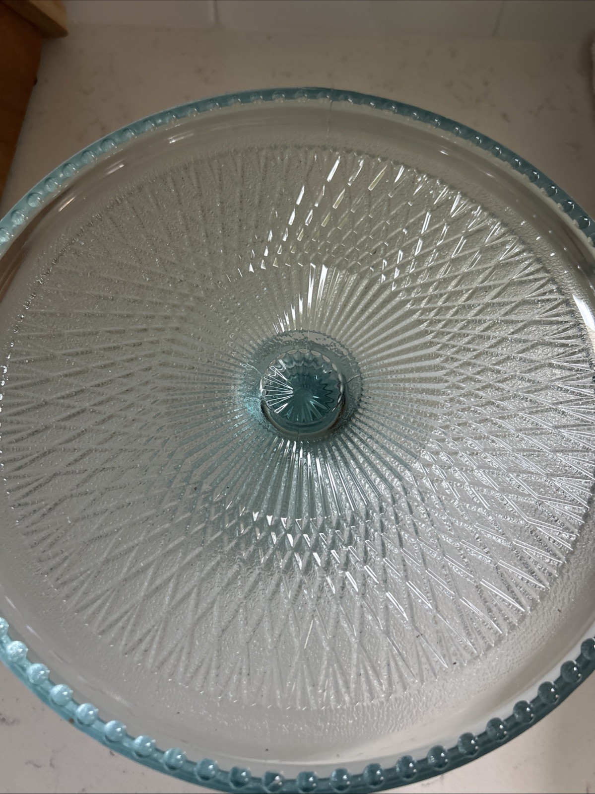 Vintage Jeannette Ice Blue Glass Harp Beaded Edge Pedestal Cake Stand 10”