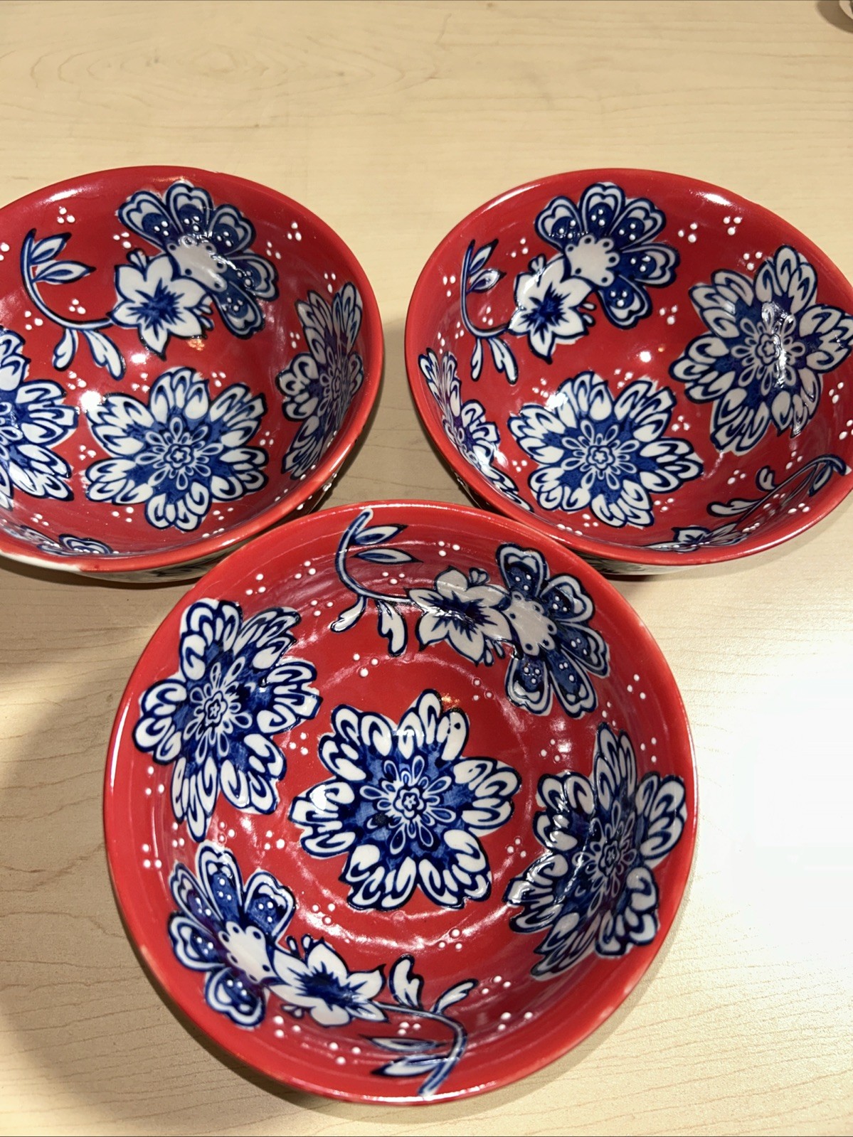 3 Yokohama Studio Hand Painted Red White Blue Flowers Rice Noodle Bowls 6″