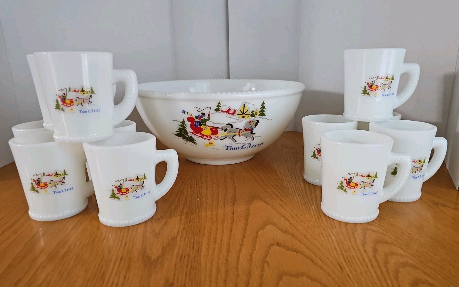 Vintage Tom & Jerry Milk Glass Beaded Punch Bowl & 11 Cups Sleigh Horses