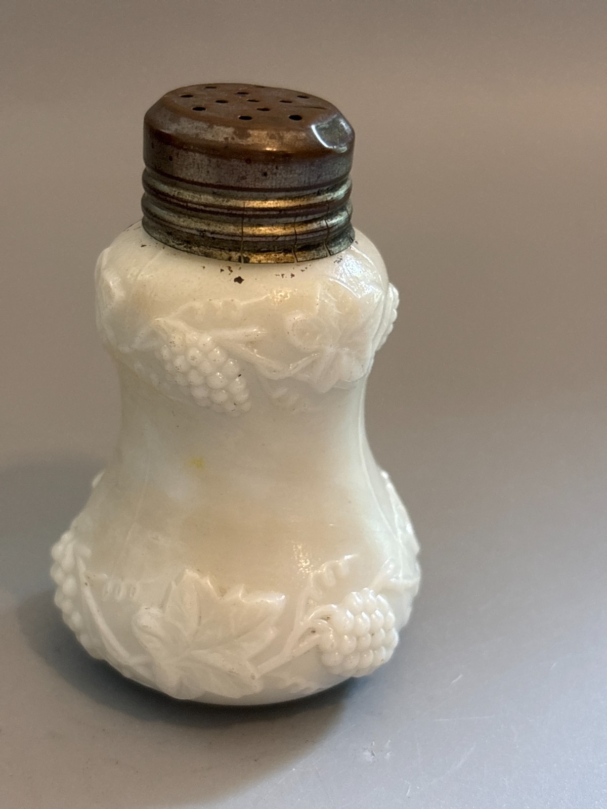 Antique Northwood EAPG Milk Glass Grape Leaf Salt Shaker Metal Lid c1895 Vtg