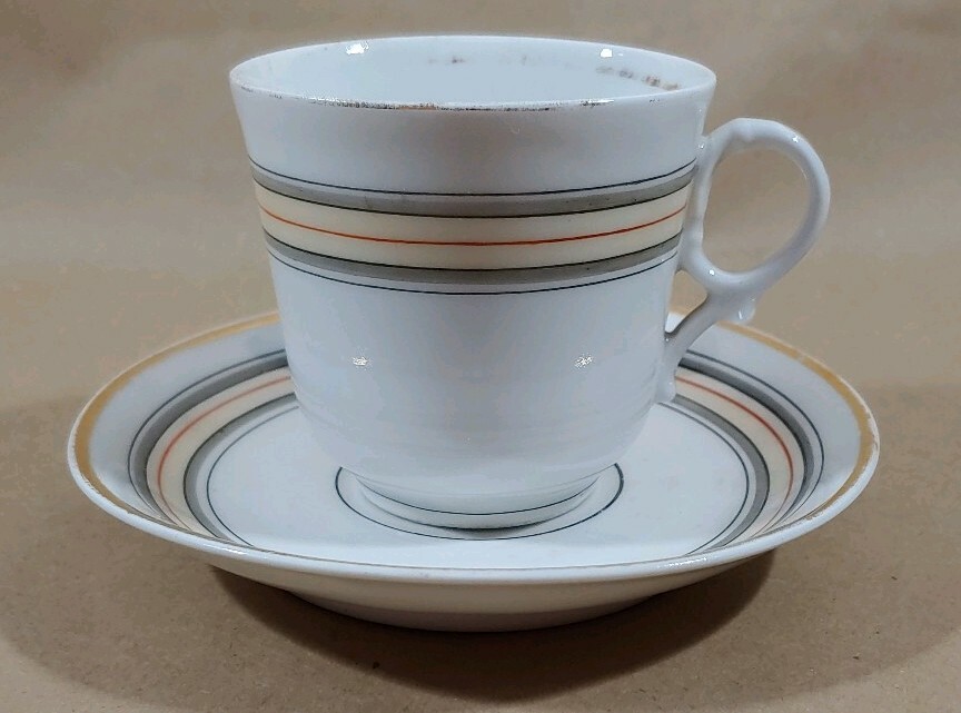 Antique KPM Tielsch Cup & Saucer Art Deco striped pattern c1890s 3.25″ h u-10F