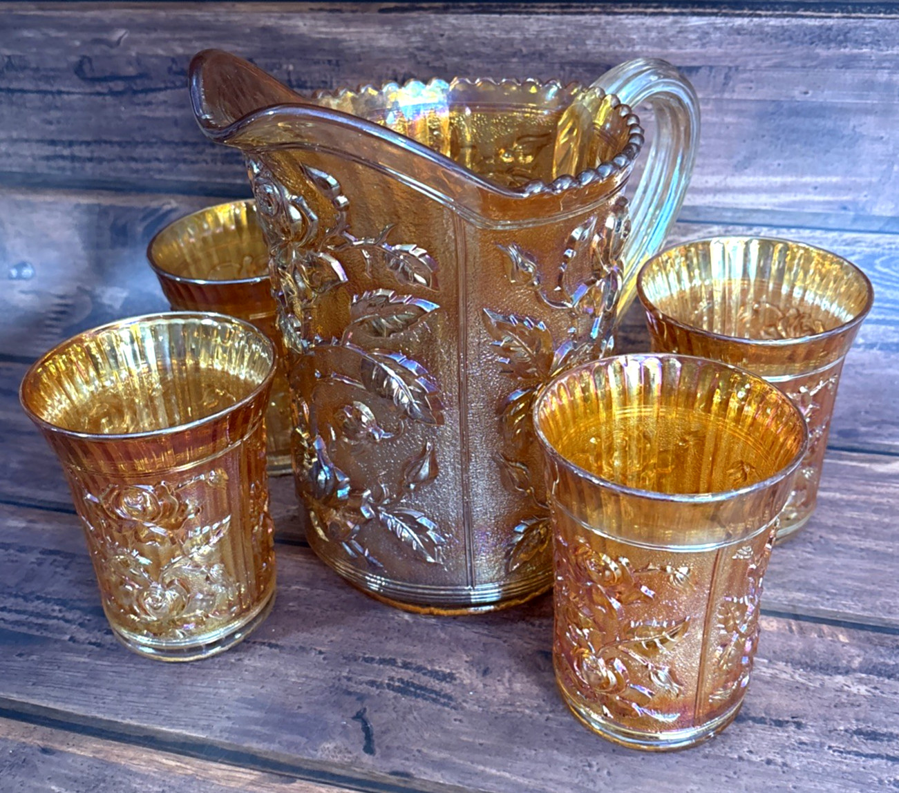 Vintage Imperial Marigold Carnival Glass Water Pitcher With Set of Four Glasses