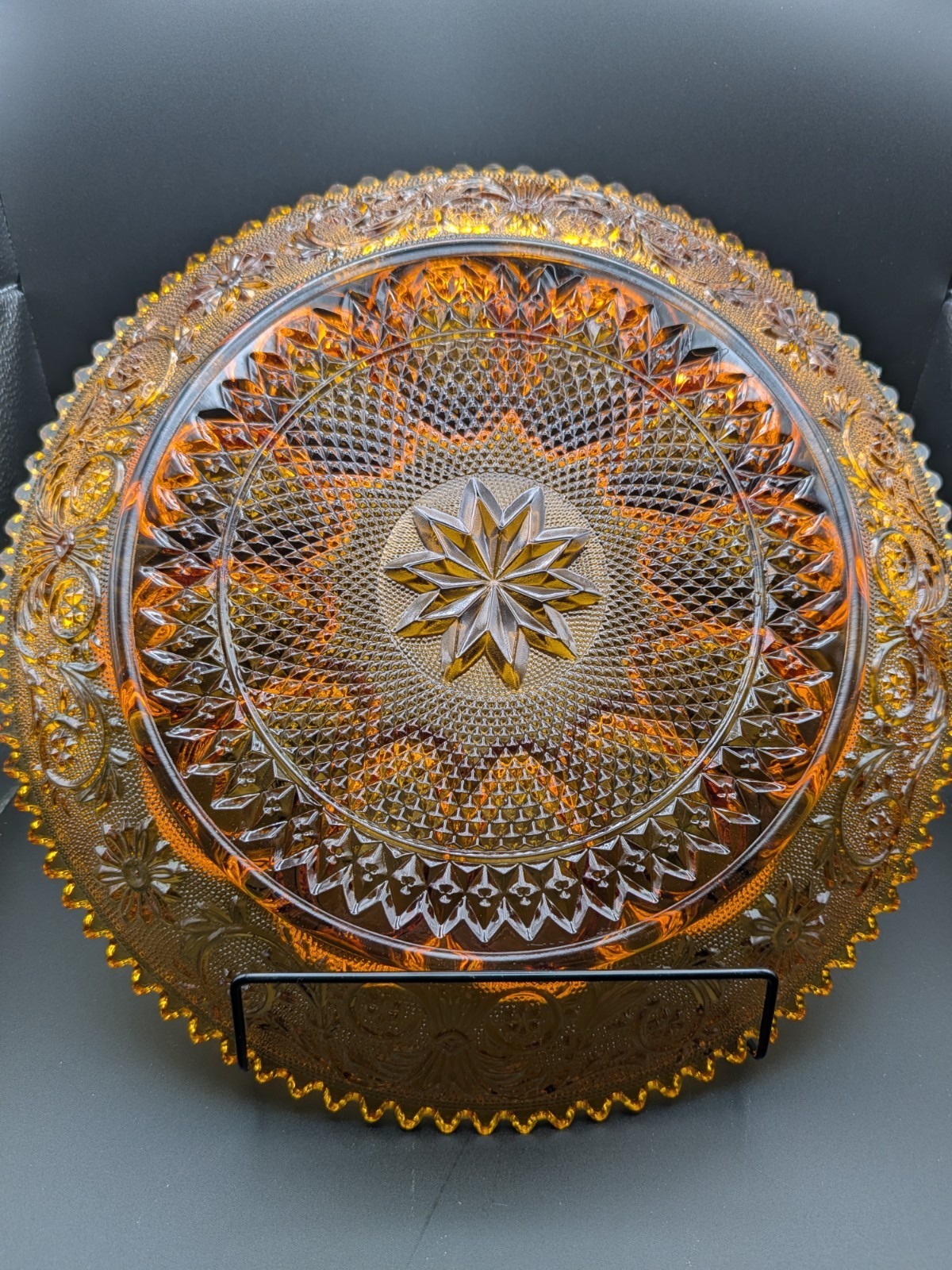 Vintage 70s Tiara Indiana Amber Glass Deviled Egg Tray Sandwich Pattern 12″