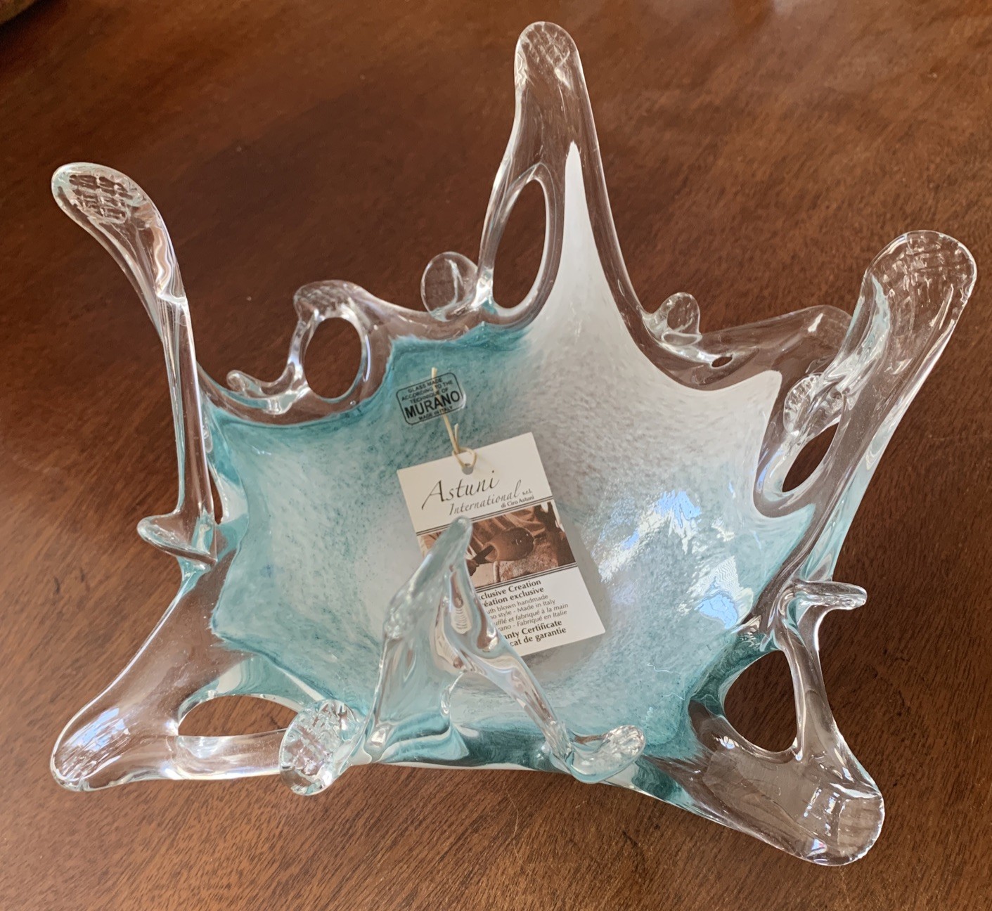 Murano Style Art Glass Mouth Blown Bowl Teal Aqua Blue White Exquisite All Tags