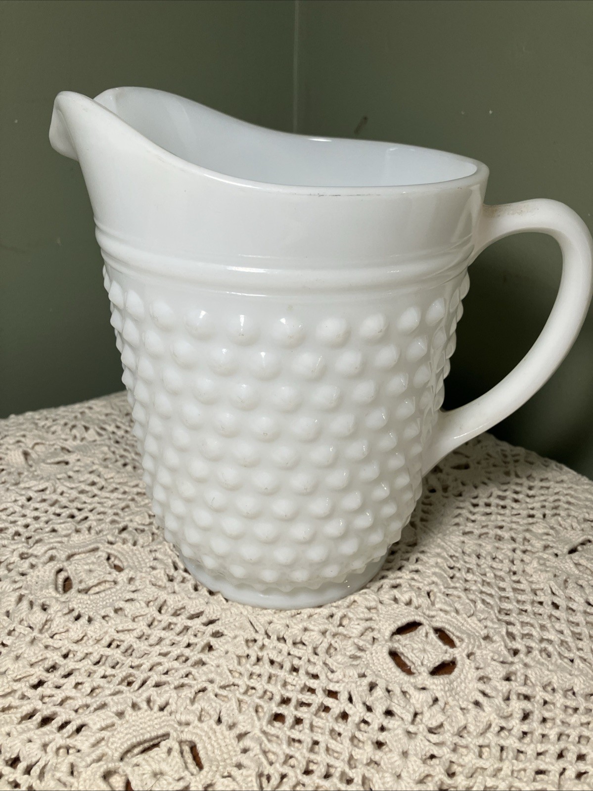 Vintage Hobnail Pitcher White Milk Glass 8” Anchor Hocking Ice Tea Lemonade