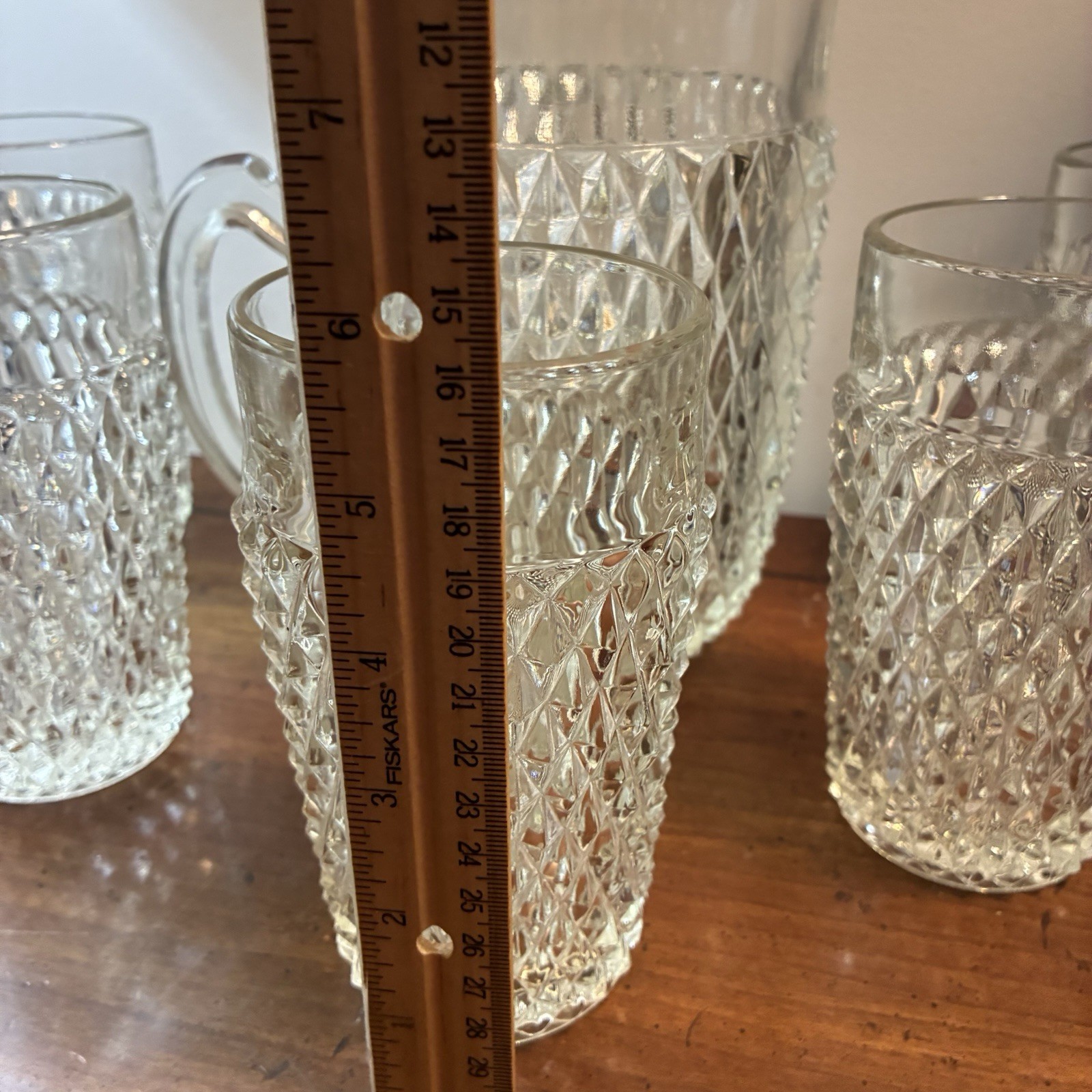 Vintage Indiana Glass Co. Pitcher Clear Diamond Point 52 oz+5 Glasses Water Tea