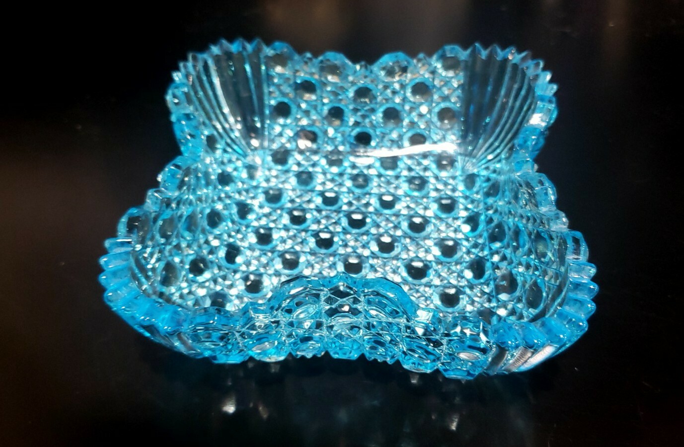 Antique EAPG Pinched Sides Banded Button Blue Fan Corners Glass Bowl