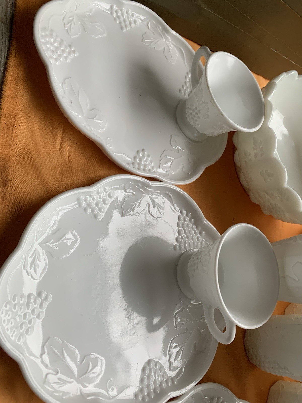 White Ceramic Grapevine Embossed Dinner Set Plates Cups Bowls Tumblers Vintage