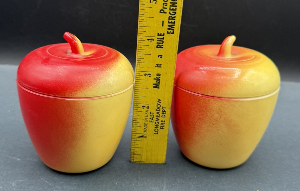 2 Vtg 30s 40s Hazel Atlas Apple Jelly Jars Lid Yellow Red Milk Glass SEE PICTURE