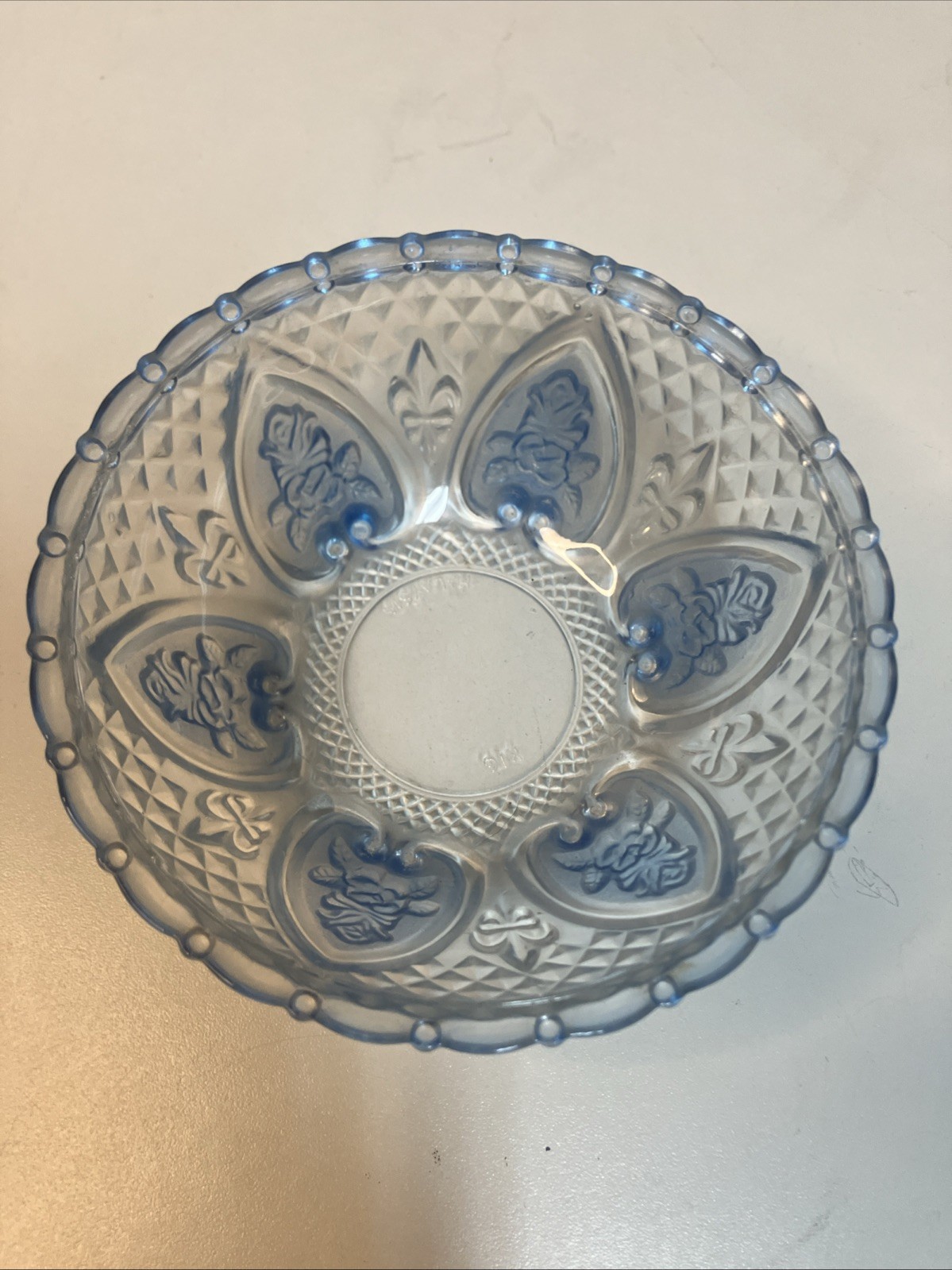 VTG KIG Indonesia Light Blue Pressed Glass Candy Dish Bowl Floral Heart 5”x2”