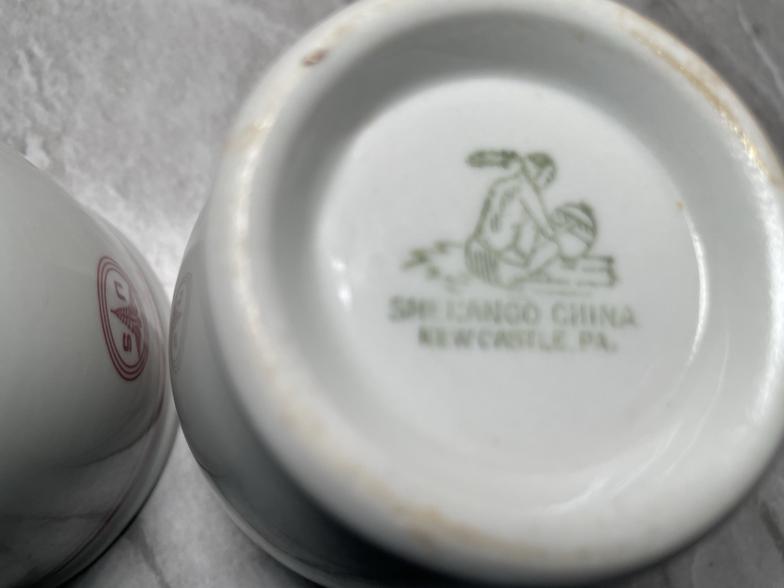 2 Vintage Shenango China medical Hospital Cups US Logo Red Stripe 3.25 X 3.25