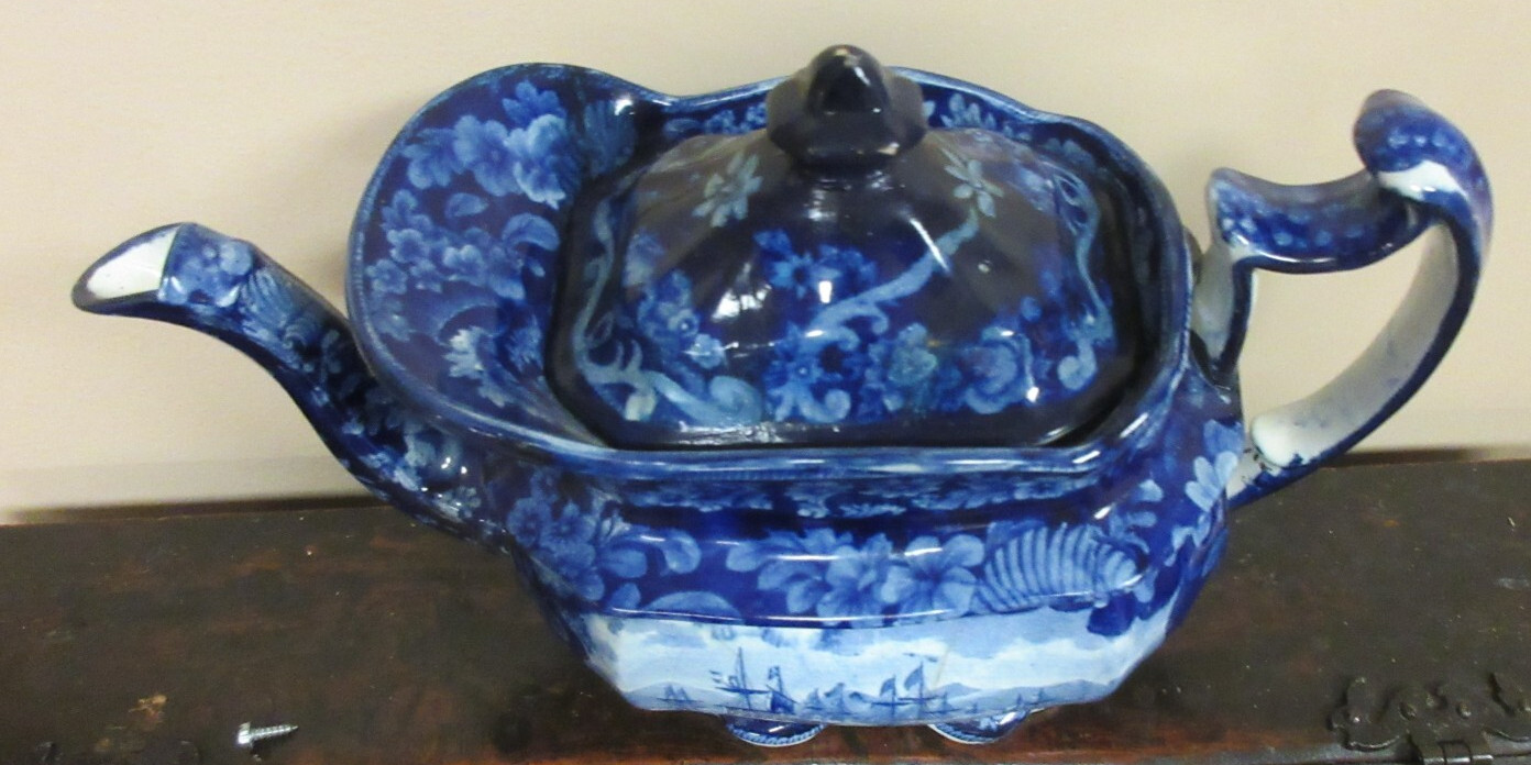 ANTIQUE HISTORICAL BLUE TEAPOT “MCDONOUGH’S VICTORY” AMERICAN VIEW , WAR OF 1812