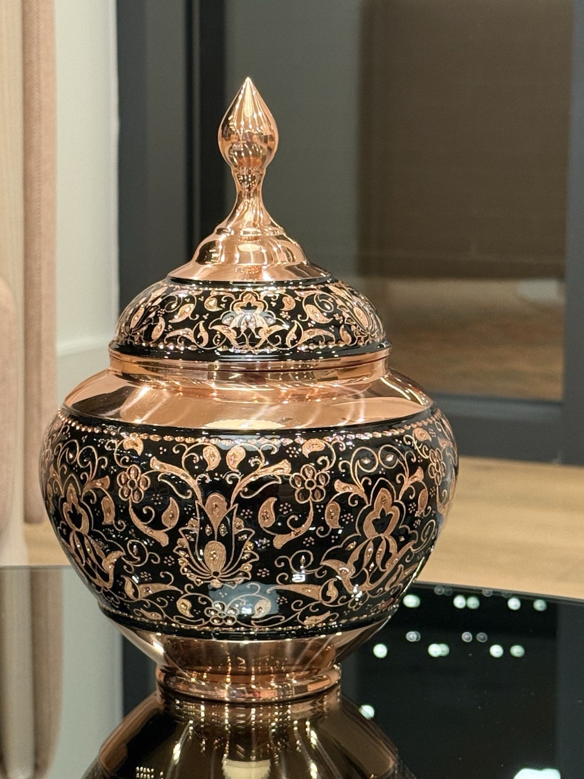 Vintage Handmade Copper Candy Bowl Glossy Lidded Jar with Handle Lidded 9in