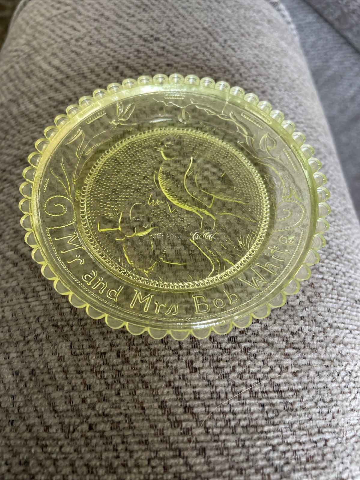 Vintage Pairpoint Glass Vaseline Uranium Glass Cup Plate Mr. & Mrs. Bob White