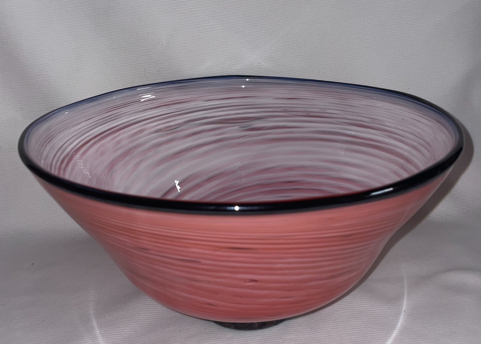 Hand Blown Pink Swirl Pattern Bowl W/ Black Base & Rim10 1/2 Inches Wide