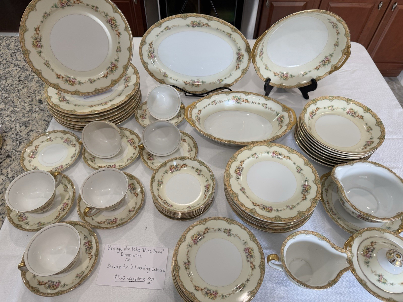 Noritake Bone China Floral Gold Trim Dinner Set White Pink Green, Plates Cups