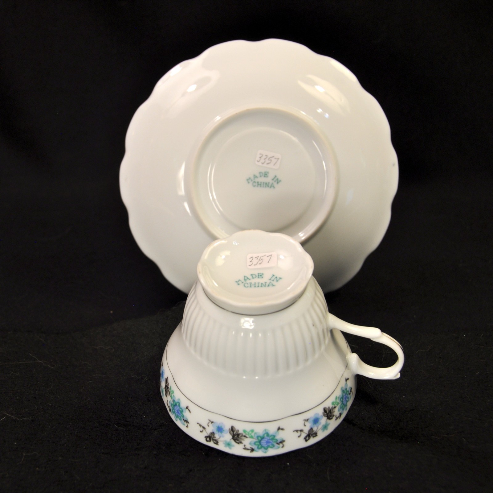 Cup & Saucer Floral w/Platinum on White Blue Black Scalloped Made in China
