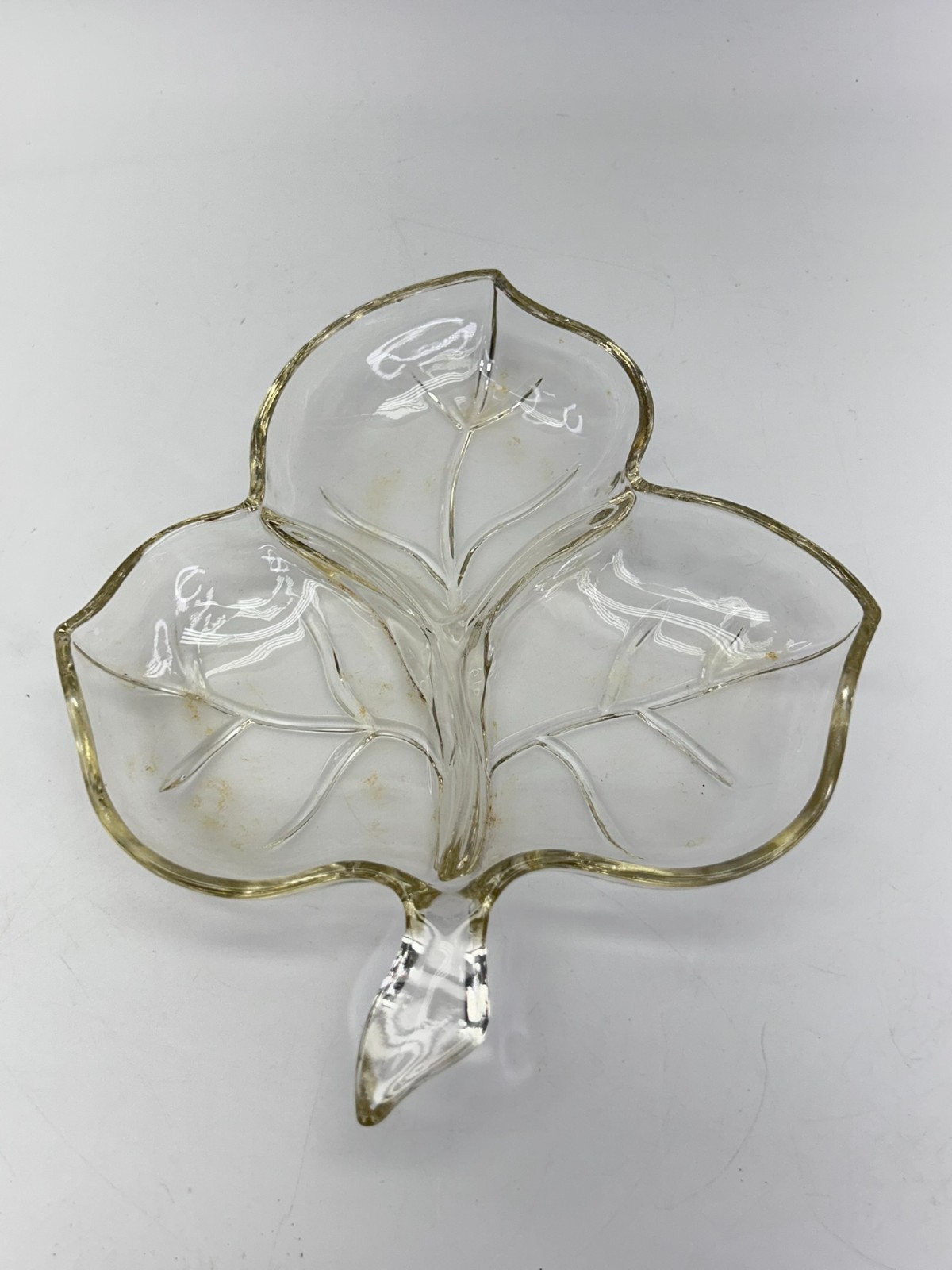 Clear Glass 3-Section Ivy Leaf Shaped Divided Relish Candy Dish with Stem Handle