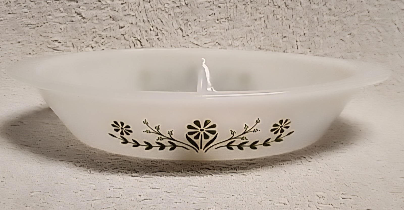 Glasbake J2352 Serving Dish Divided Oval Green Daisy Baking Vintage Milk Glass